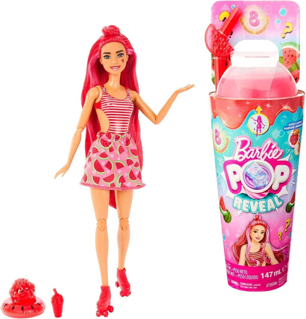 Barbie Pop Reveal Fruit - păpușă cu păr roșcat în aromă de pepene roșu, 8 surprize, fată squishy parfumată, păr și machiaj care își schimbă culoarea, pentru copii de la 3 ani, HNW43 Papusi Naty Shop Singur Parfum de pepene galben