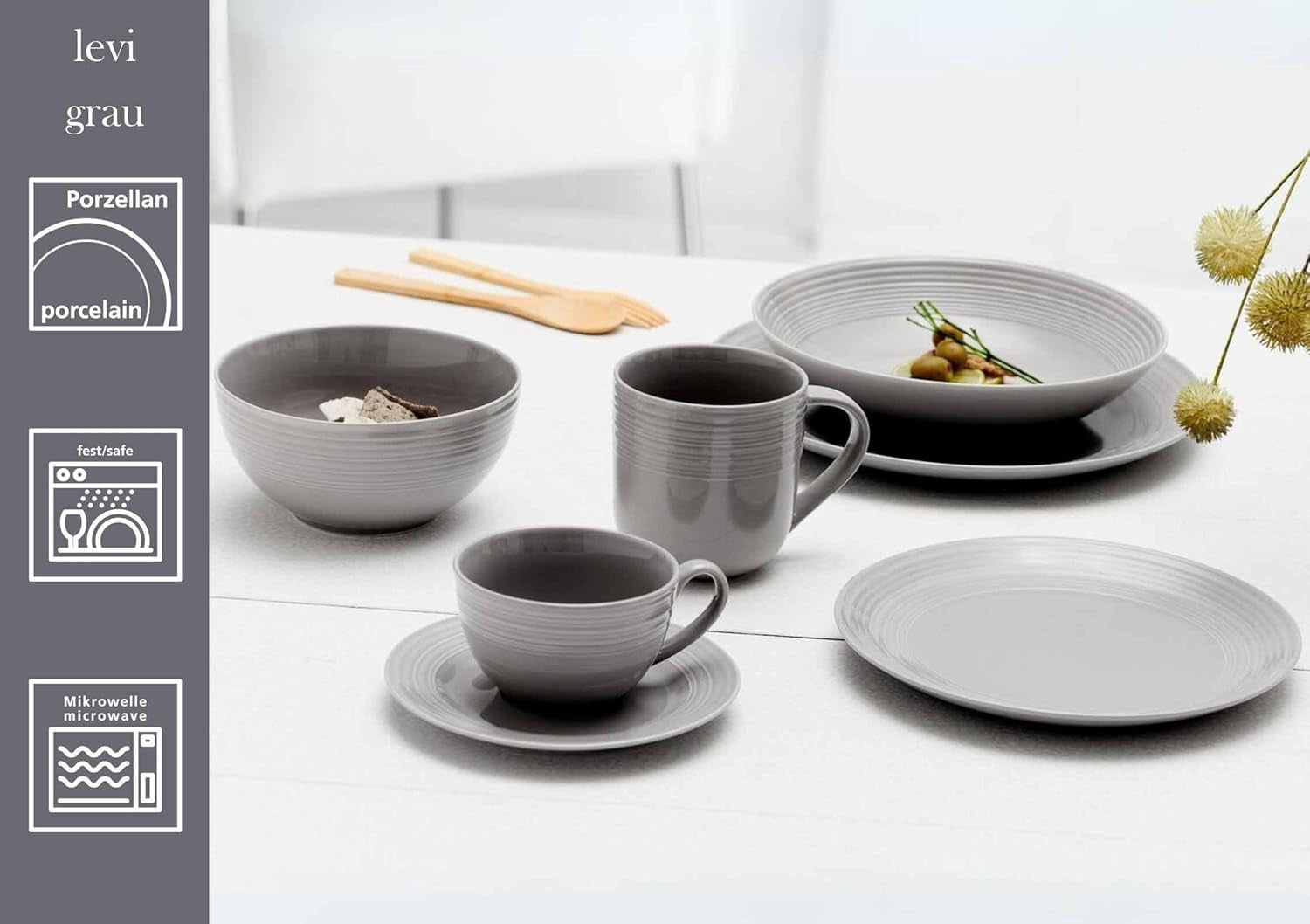 Set de veselă Ritzenhoff & Breker Levi, format din 16 piese, farfurii, boluri și căni pentru 4 persoane, design scandinav cu relief fin canelat, veselă mix & match, porțelan, alb-gri