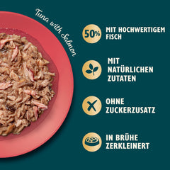 Fileuri tocate în bulion cu ton și somon, preparate cu ingrediente naturale, Lily's Kitchen, hrană umedă pentru pisici adulte, cutie de 70 g