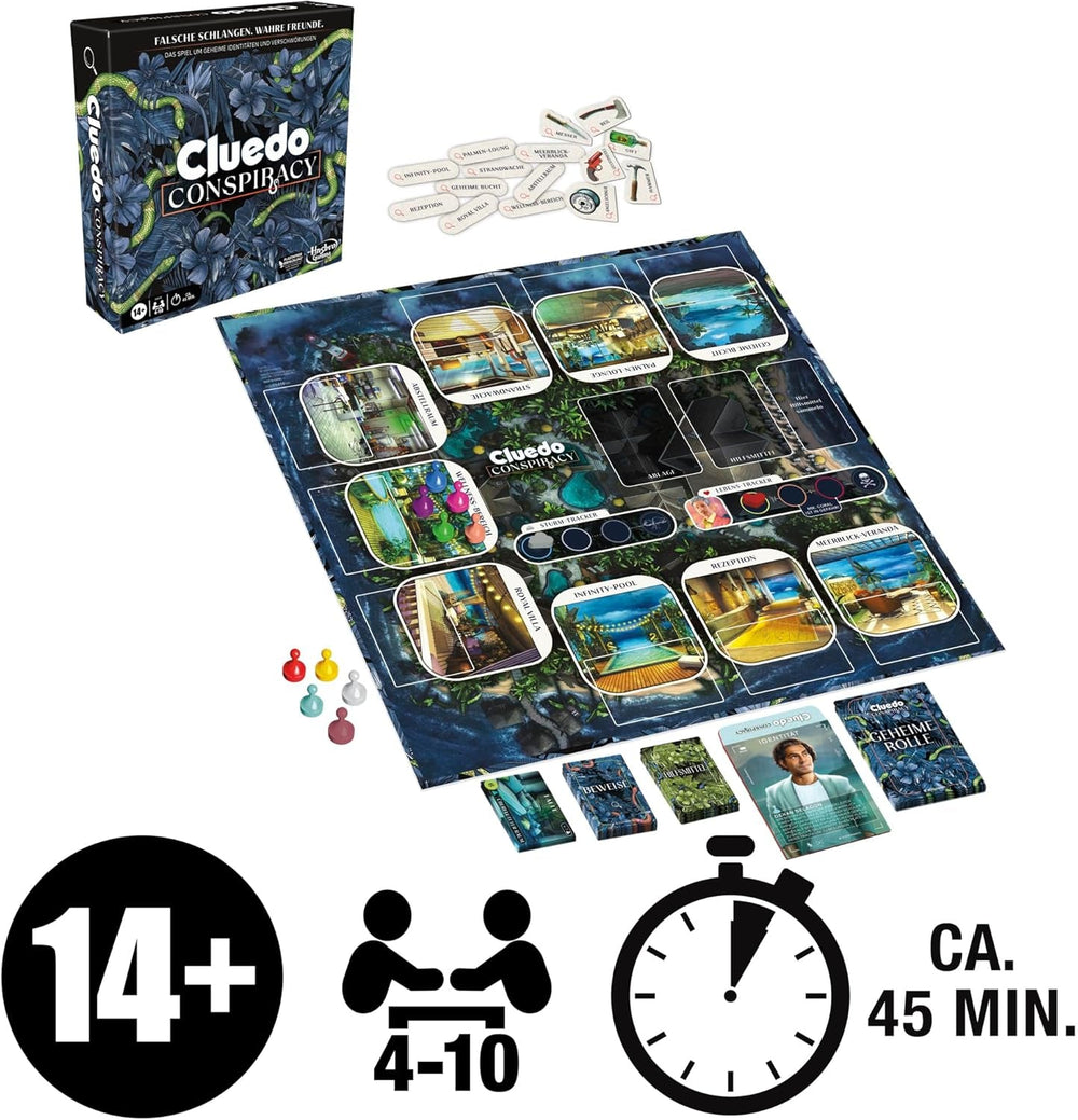 Joc de societate Cluedo Conspiracy de la Hasbro Gaming pentru adulți și adolescenți, versiunea germană a jocului de mister, pentru 4-10 jucători și cu vârsta de 14 ani și peste