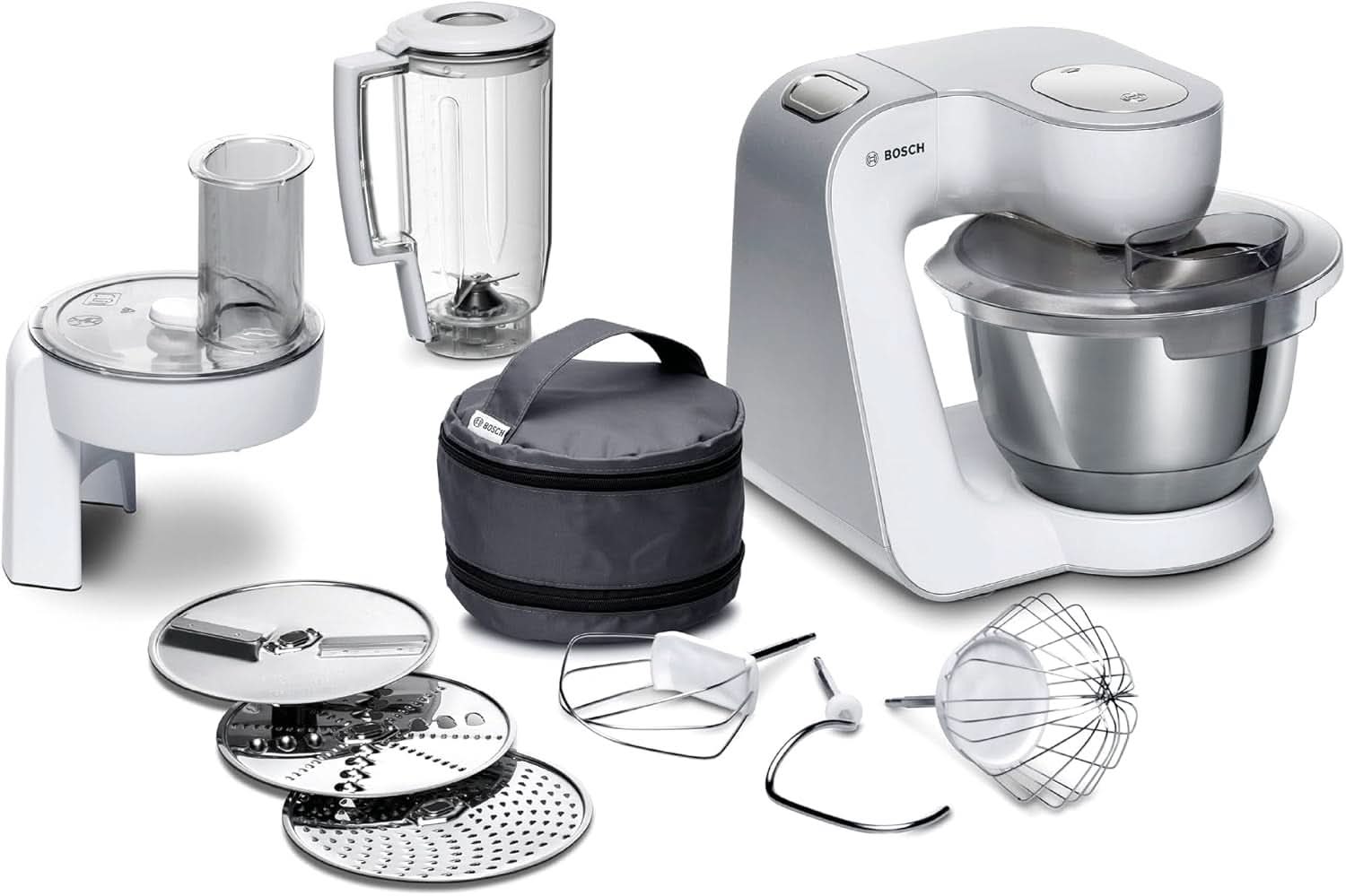 Bosch Küchenmaschine Serie 4 Mum58720, Edelstahl-Schüssel 3,9 L, Mixer 1,25 L, Planetenrührwerk, Knethaken, Schlag, Rührbesen, Durchlaufschnitzler, 3 Scheiben, 1000 W, Dunkelrot/Silber Mutter und Kind Naty Shop Weiß / Silber