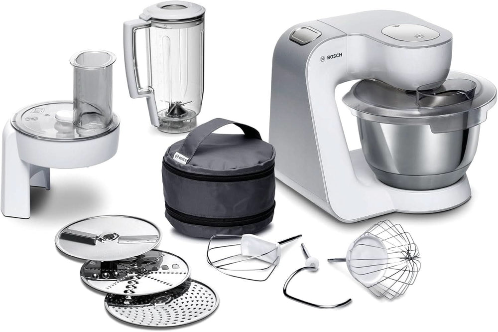 Bosch Küchenmaschine Serie 4 Mum58720, Edelstahl-Schüssel 3,9 L, Mixer 1,25 L, Planetenrührwerk, Knethaken, Schlag, Rührbesen, Durchlaufschnitzler, 3 Scheiben, 1000 W, Dunkelrot/Silber Mutter und Kind Naty Shop Weiß / Silber