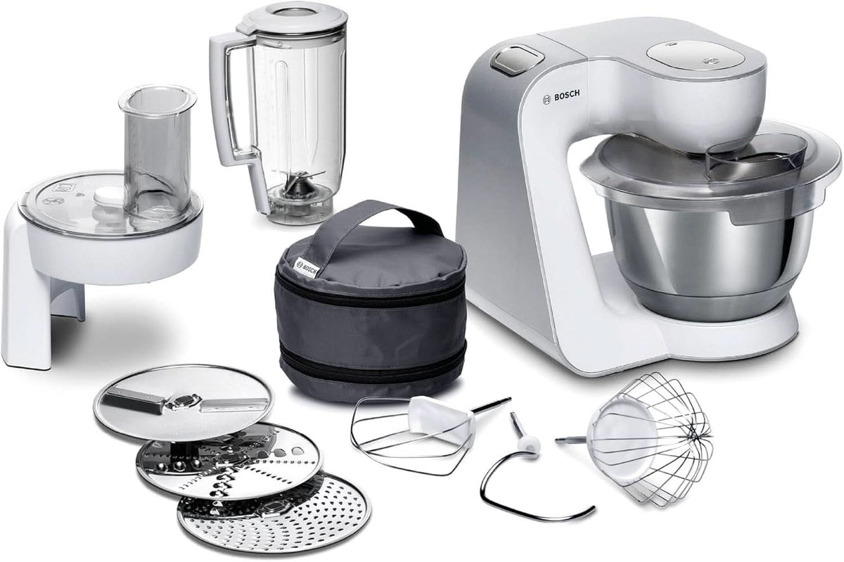 Bosch Küchenmaschine Serie 4 Mum58720, Edelstahl-Schüssel 3,9 L, Mixer 1,25 L, Planetenrührwerk, Knethaken, Schlag, Rührbesen, Durchlaufschnitzler, 3 Scheiben, 1000 W, Dunkelrot/Silber Mutter und Kind Naty Shop Weiß / Silber