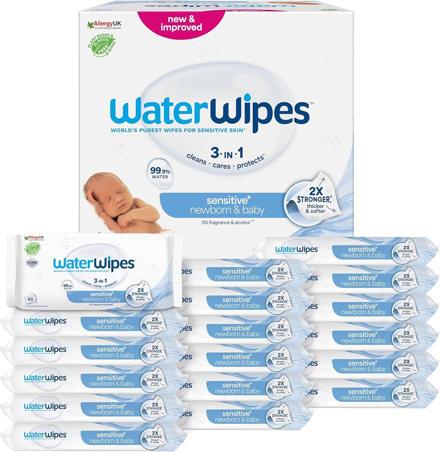 Șervețele umede WaterWipes Sensitive+ pentru nou-născuți și bebeluși, 240 bucăți (4 pachete), curățare, îngrijire, protecție 3 în 1, 99,9% apă, fără parfum