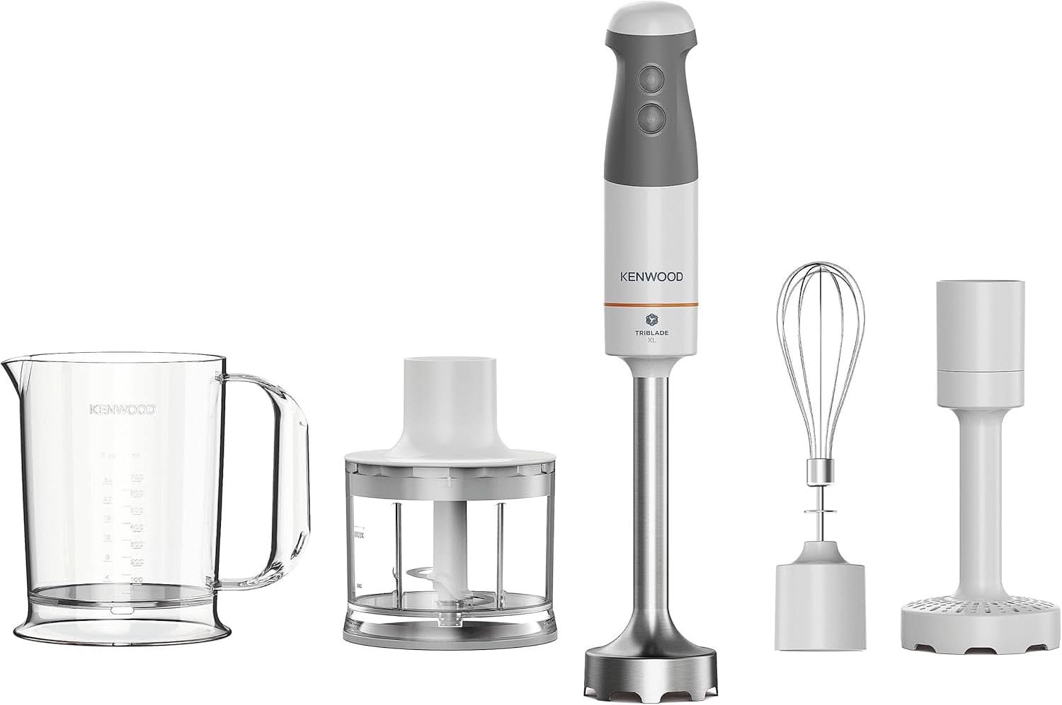 Kenwood Triblade XL Pro Stabmixer HBM80.322BK, 1200W, Variable Speeds, Edelstahl(Pürierfuß), Schneebesen, Emulgieraufsatz, 500Ml Zerkleiner, 700 & 250Ml Becher, Spülmaschinenfeste Teile Bucatarie Naty Shop Weiß/Grau Hbm40.306Wh