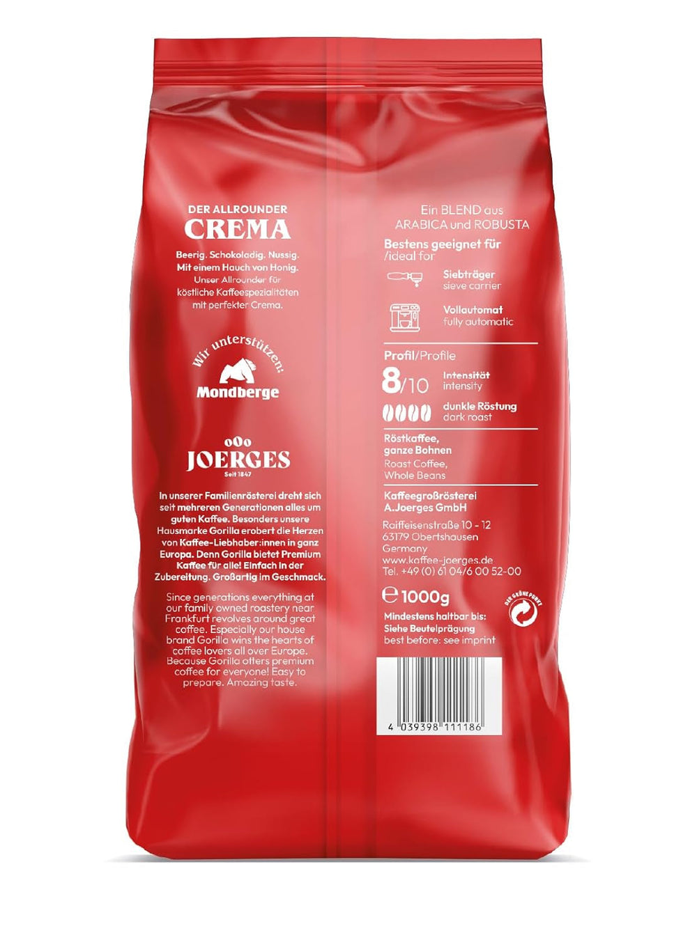Joerges Super Bar Cream Kaffeebohnen 1 kg Vollmundiger Geschmack, intensives Aroma in jeder Tasse Coffee Naty Shop