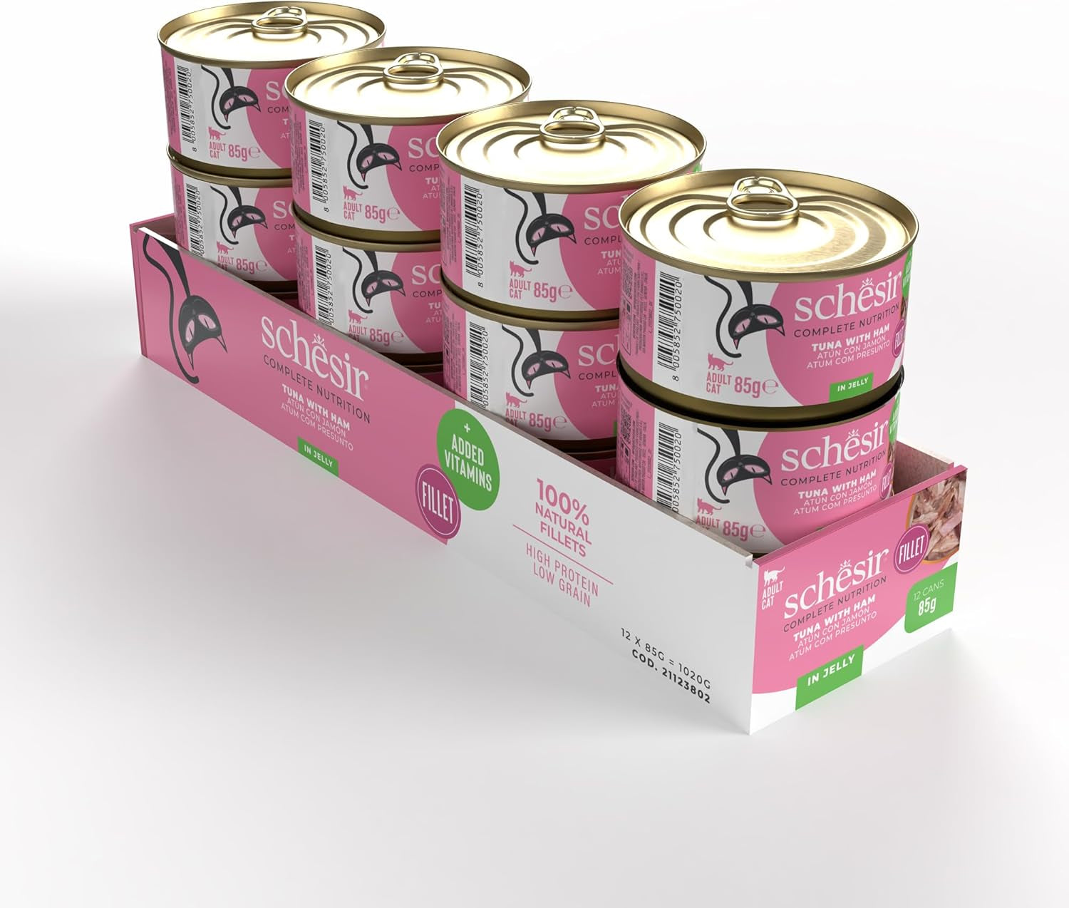 Ton cu șuncă în jeleu, hrană umedă pentru pisici, la conservă, 100% naturală, cu adaos de vitamine, 12 x 85g