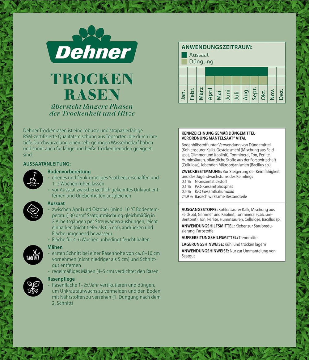 Dehner Saatgut Trockenrasen, Hochwertige Rasensamen Für Strapazierfähigen/Trockenheitsresistenten Rasen, Schnell Keimend/Pflegeleicht, Ideal Für Heiße Sommermonate, 3 Kg Für Ca. 100 M²