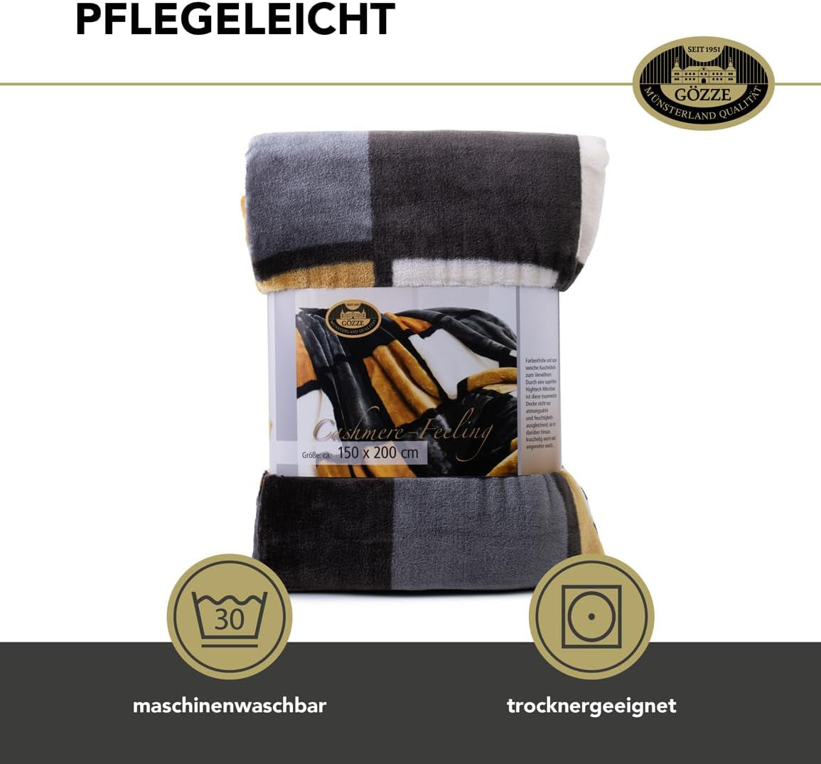 Gözze - Weiche und bequeme Decke, Kaschmirgefühl, schweres Stoffgewicht 500 g/m², Antigua, 150 x 200 cm - Senf/Schwarz/Weiß Betten und Decken Besuchen Sie den Gözze-Store