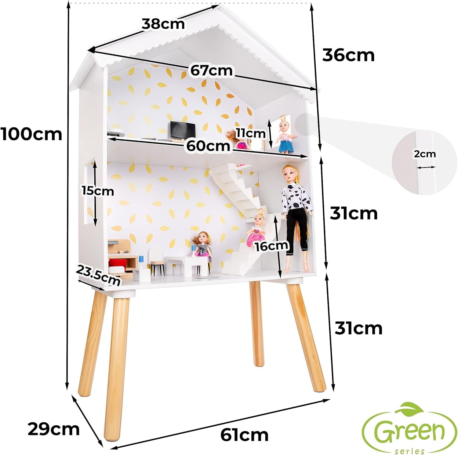 Green Series Casă mare din lemn pentru păpuși - Casă de păpuși, potrivită pentru păpuși mari, GS0024 Casute de papusi Naty Shop