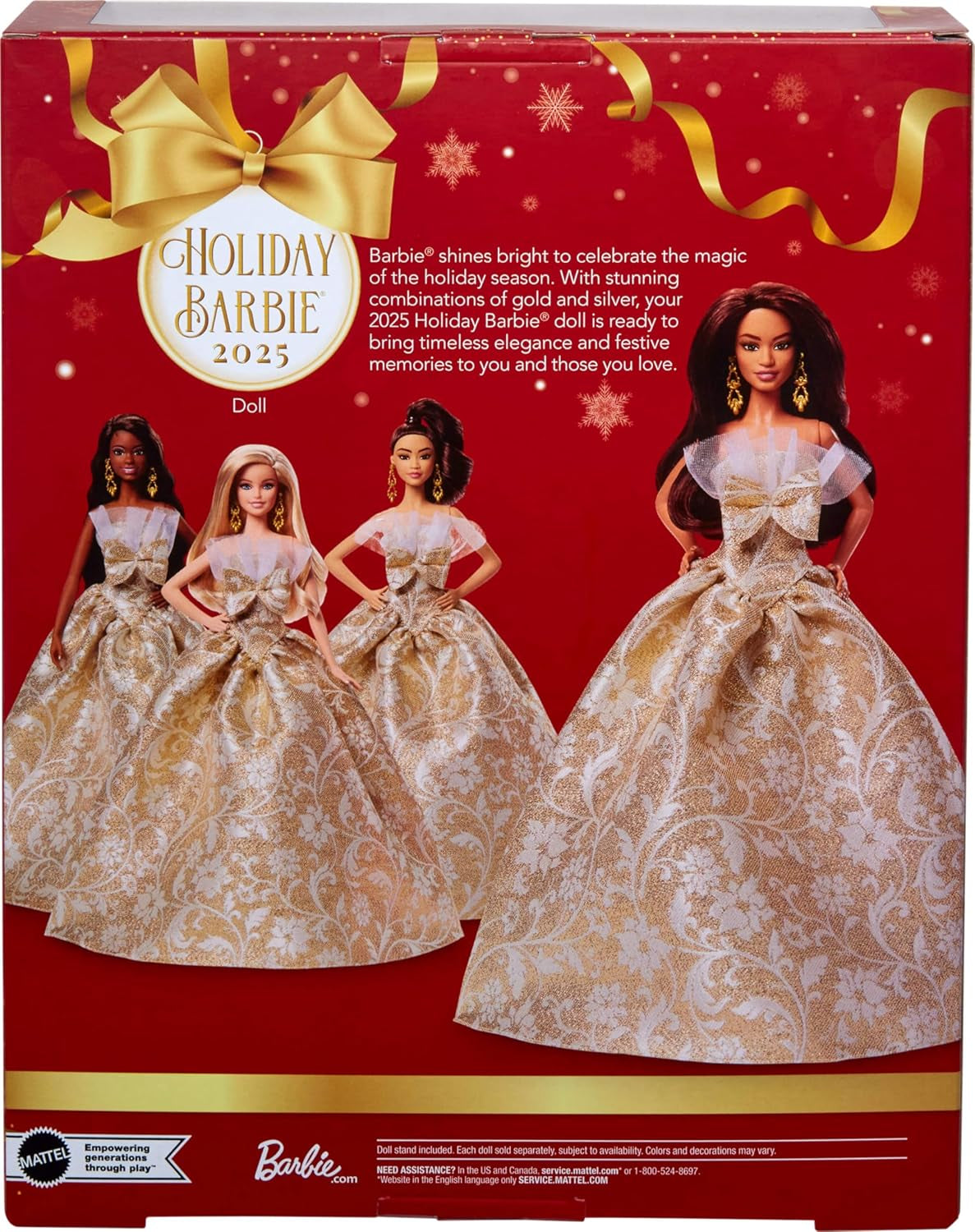 Barbie Signature Puppe, 2025 Holiday, dunkelhaarige Modepuppe mit Kleid in Silber und Gold, saisonale Sammlerpuppe in Einer Verpackung zum Ausstellen und mit Puppenständer, JBJ02