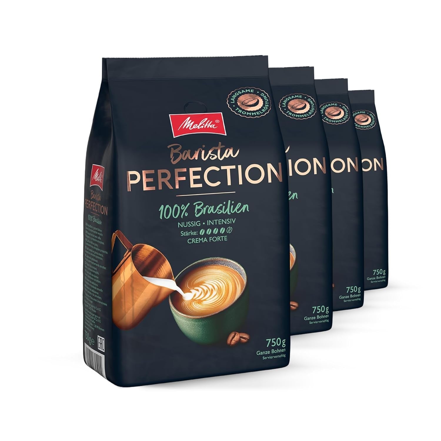 Melitta Barista Perfection 100% Brazilia, boabe de cafea întregi, cafea de origine unică, 100% Arabica, prăjire lentă cu tambur, Crema Forte, tărie 4 Cafea Naty Shop Brazilia 4 x 750 grame