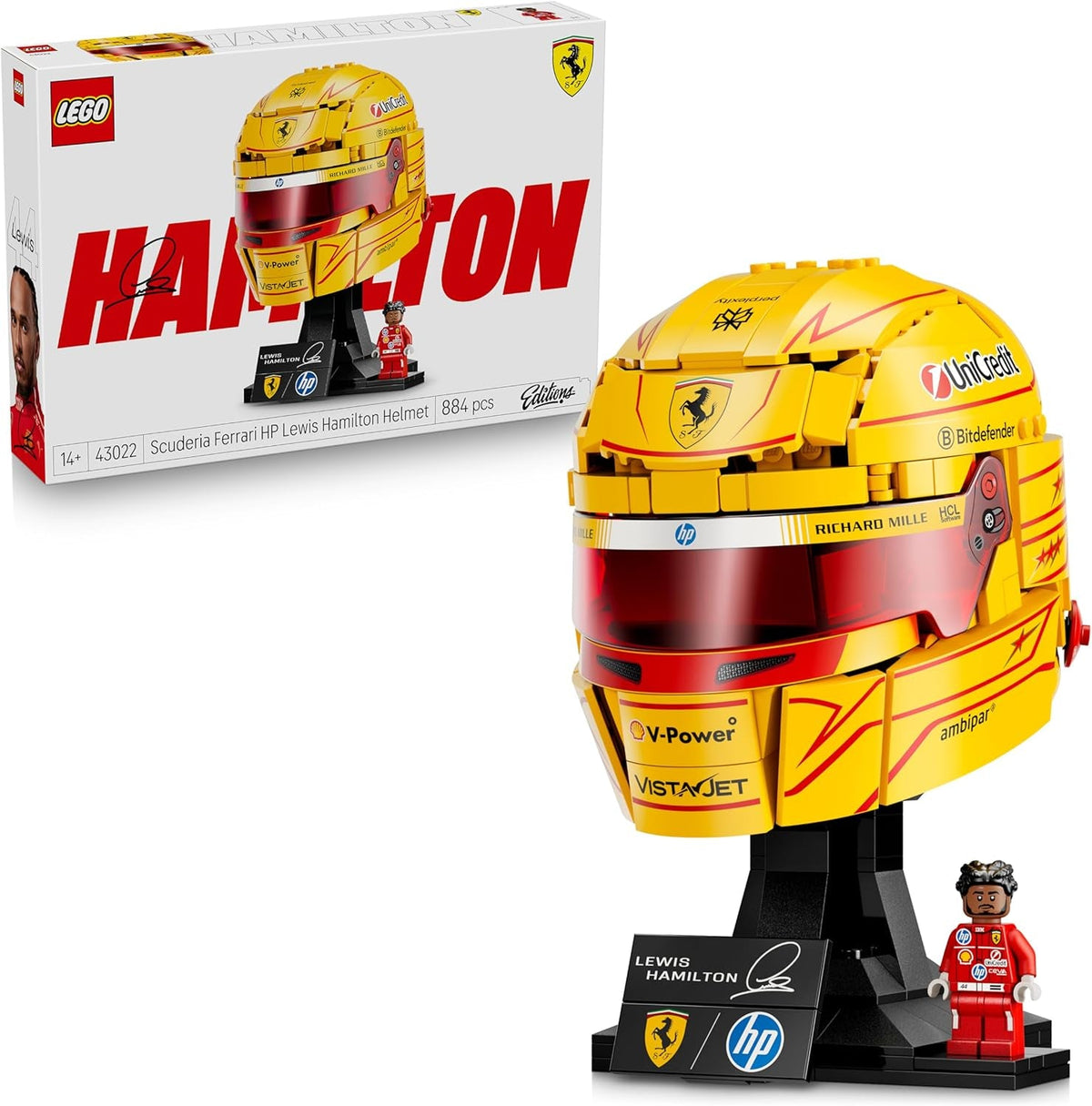 LEGO Editions Scuderia Ferrari HP Lewis Hamilton Helm - F1 Merchandise - Ausstellungsmodell Bausatz mit sammelbarer Minifigur - Geschenk für Jungen ab 14 Jahren und Erwachsene Motorsportfans - 43022