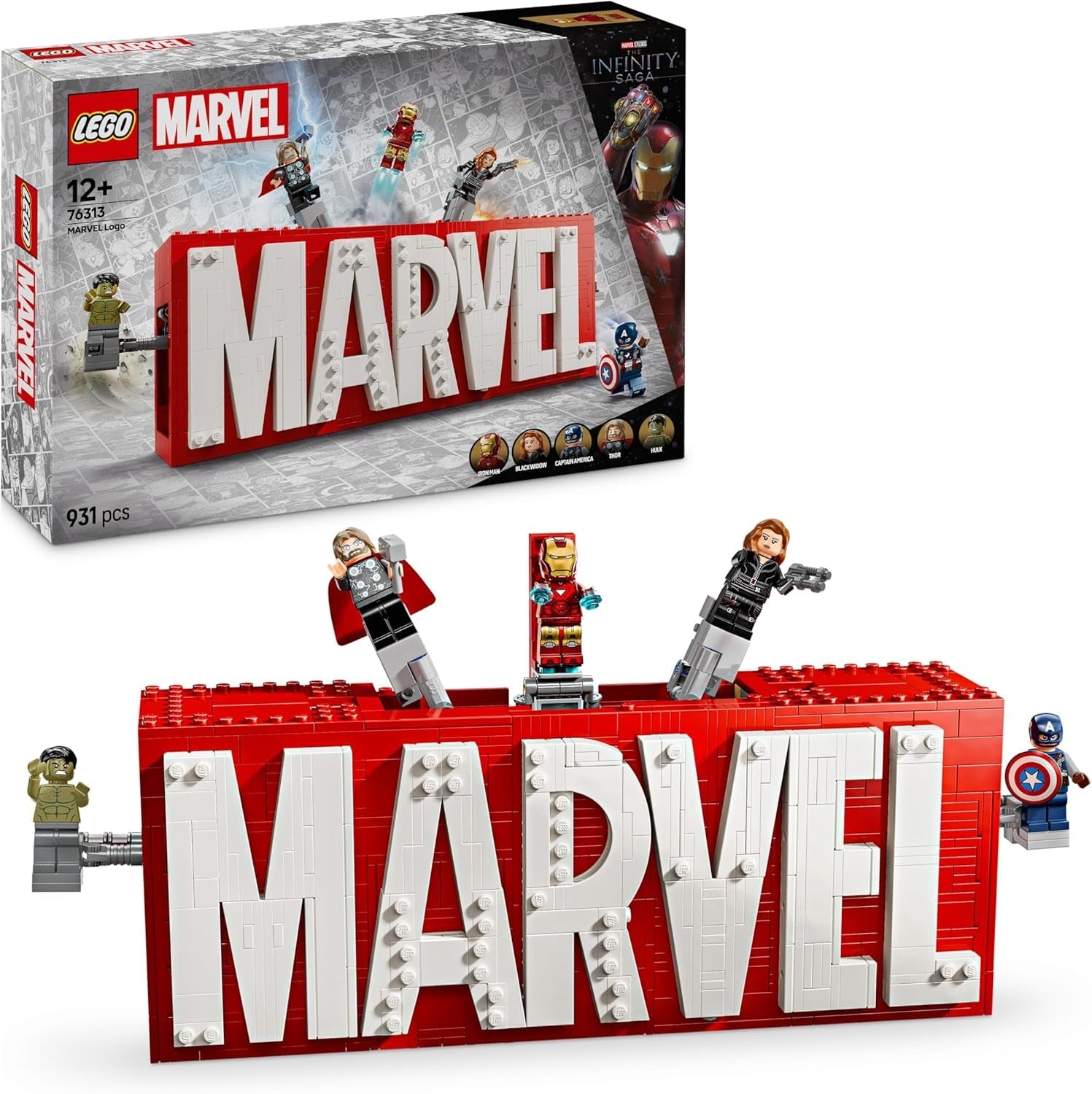 LEGO | Marvel: MARVEL Logo & Minifiguren - Sammlerstück inkl. Hulk, Thor, Iron Man, Black Widow und Captain America - Bauset mit Avengers Figuren - Geschenk für Jungen und Mädchen ab 12 Jahren - 76313