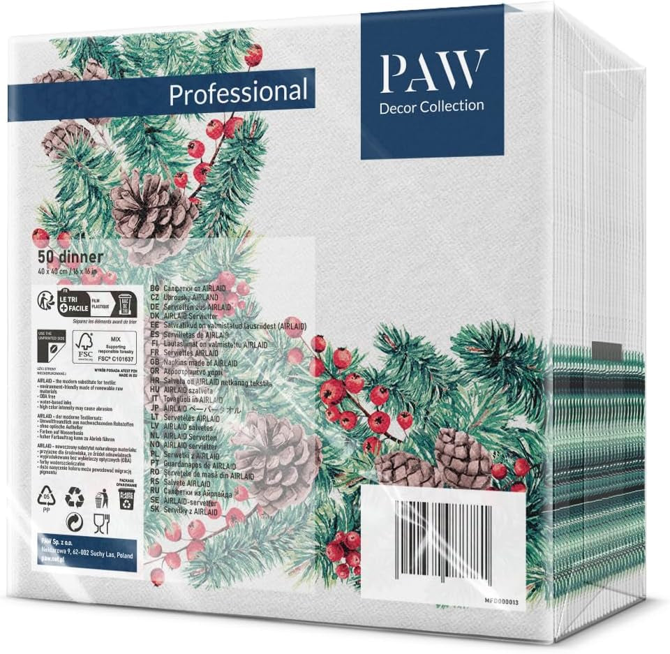 PAW - Șervețele Airlaid (40 X 40 Cm) I 50 Bucăți I Perfect pentru Crăciun, Iarnă, Sărbători I Decorațiuni de masă pentru Ajunul Crăciunului I Șervețele Airlaid Fabric-Like Winter Branches I Winter Branches