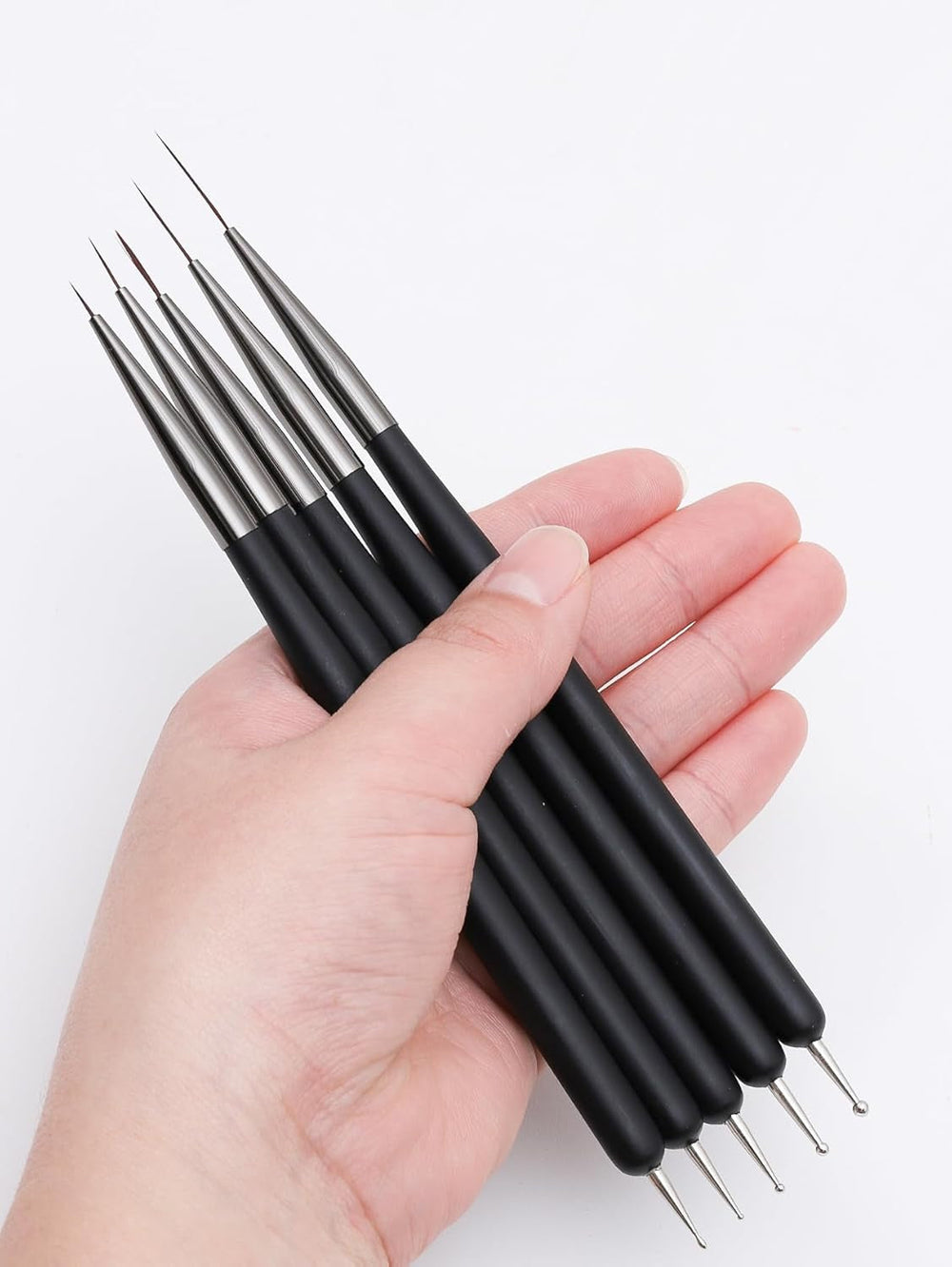 Nagelkunst-Pinsel, 5 Stück, Nailart-Pinsel, Punktierstift-Werkzeuge, Malkunst-Design-Pinsel-Set Für Lange Linien, Dünne Details, Feine Zeichnungsgrößen 7/9/11/15/22 Mm, Schwarz