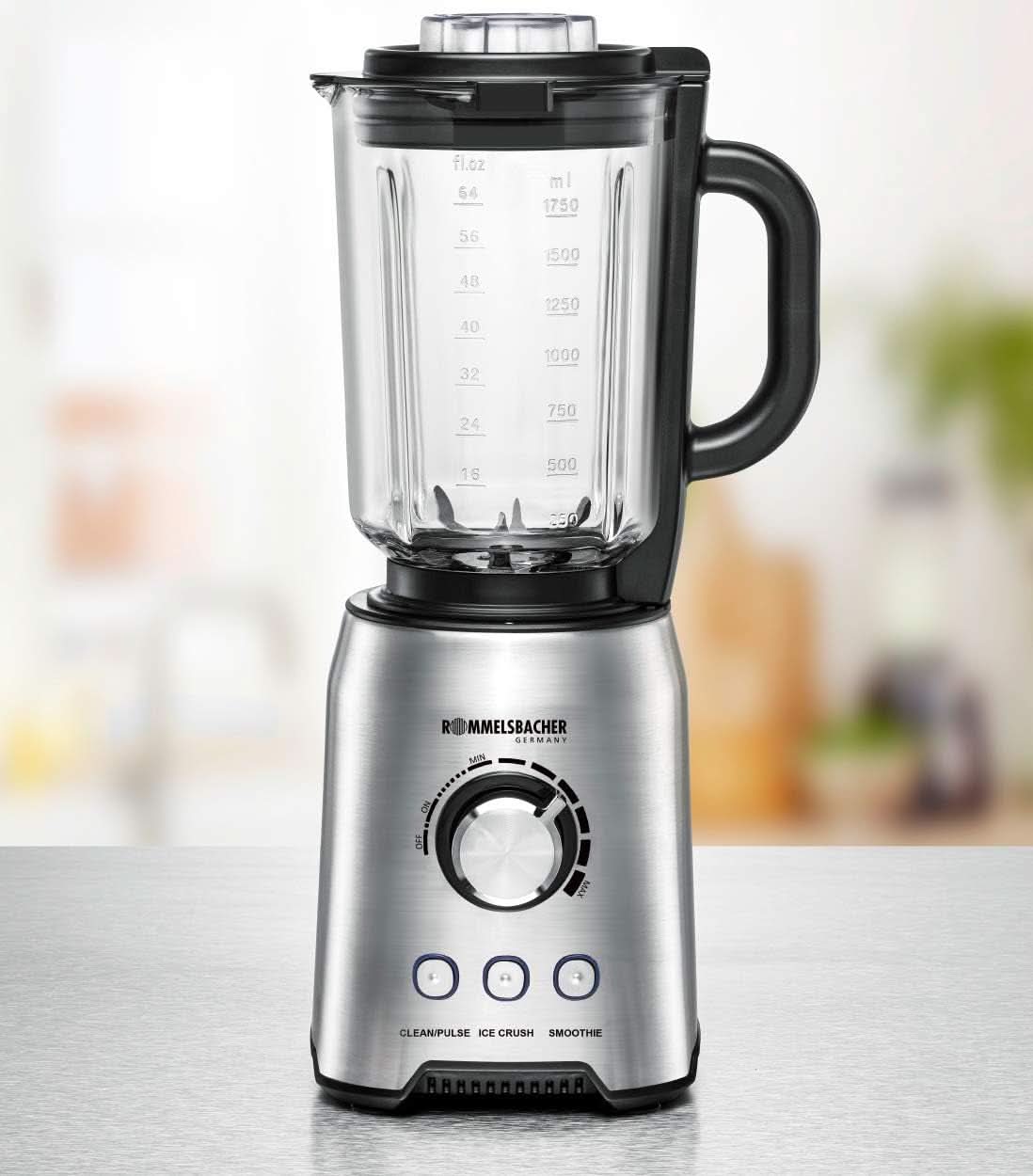 ROMMELSBACHER Standmixer MX 1250-22.000 U/Min, Stufenlose Drehzahlregulierung, Funktionstasten (Smoothie, Clean/Pulse, Ice Crush), Glaskrug, Edelstahlgehäuse, Spezialmesser, 1200 Watt Kitchen Naty Shop