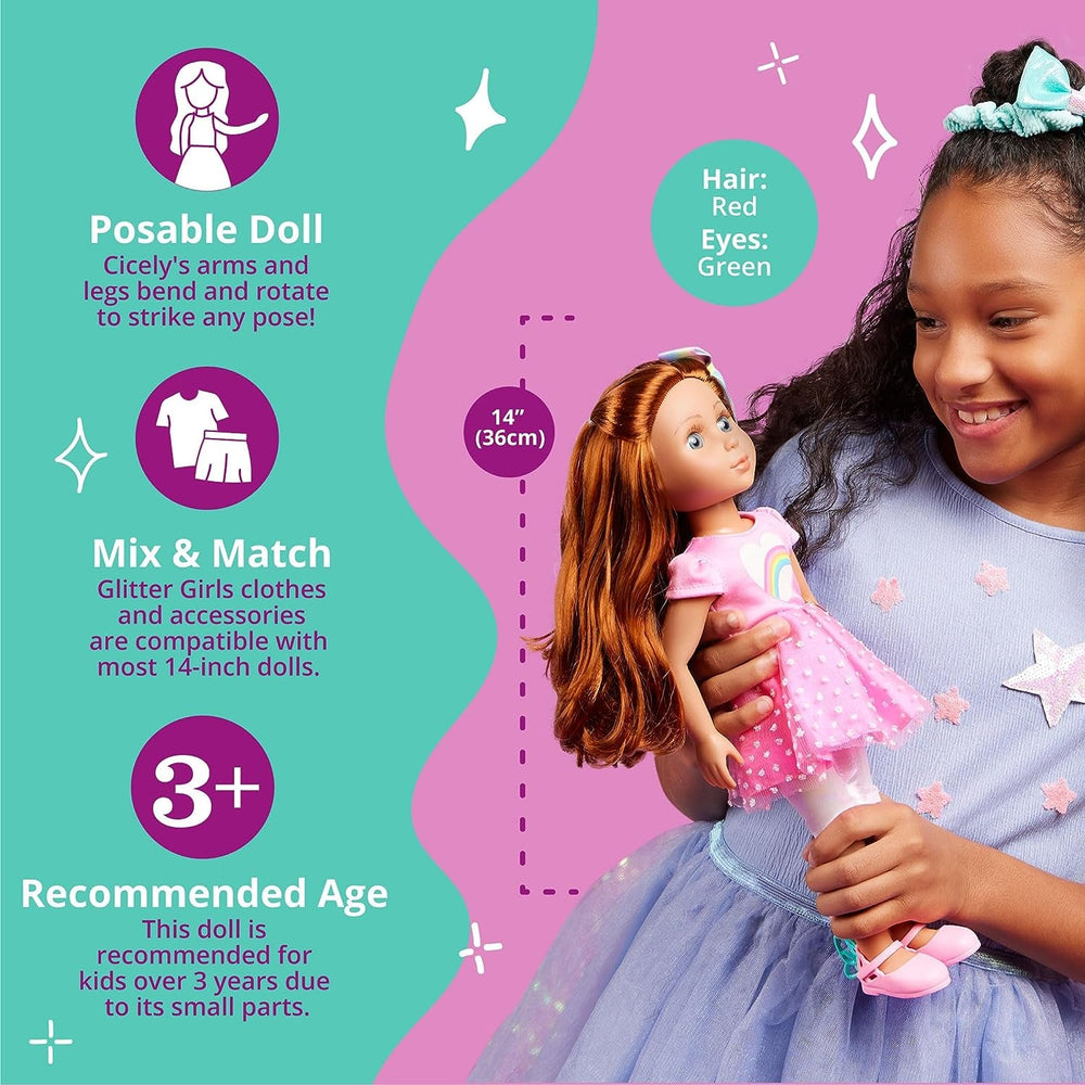 Glitter Girls - Cicely - 36 cm Geburtstagspuppe - Regenbogen Herz Kleid, Geburtstag Hut, Kuchen, Ballon - Poseable Arme & Beine - Rote Haare und grüne Augen - 3 Jahre +