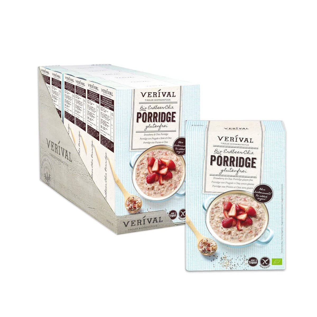 Terci de chia cu căpșuni Verival, fără gluten | 6 x 350g | Vegan | Fără ulei de palmier | Fără gluten | Fără zahăr adăugat | Fabricat manual în Tirol