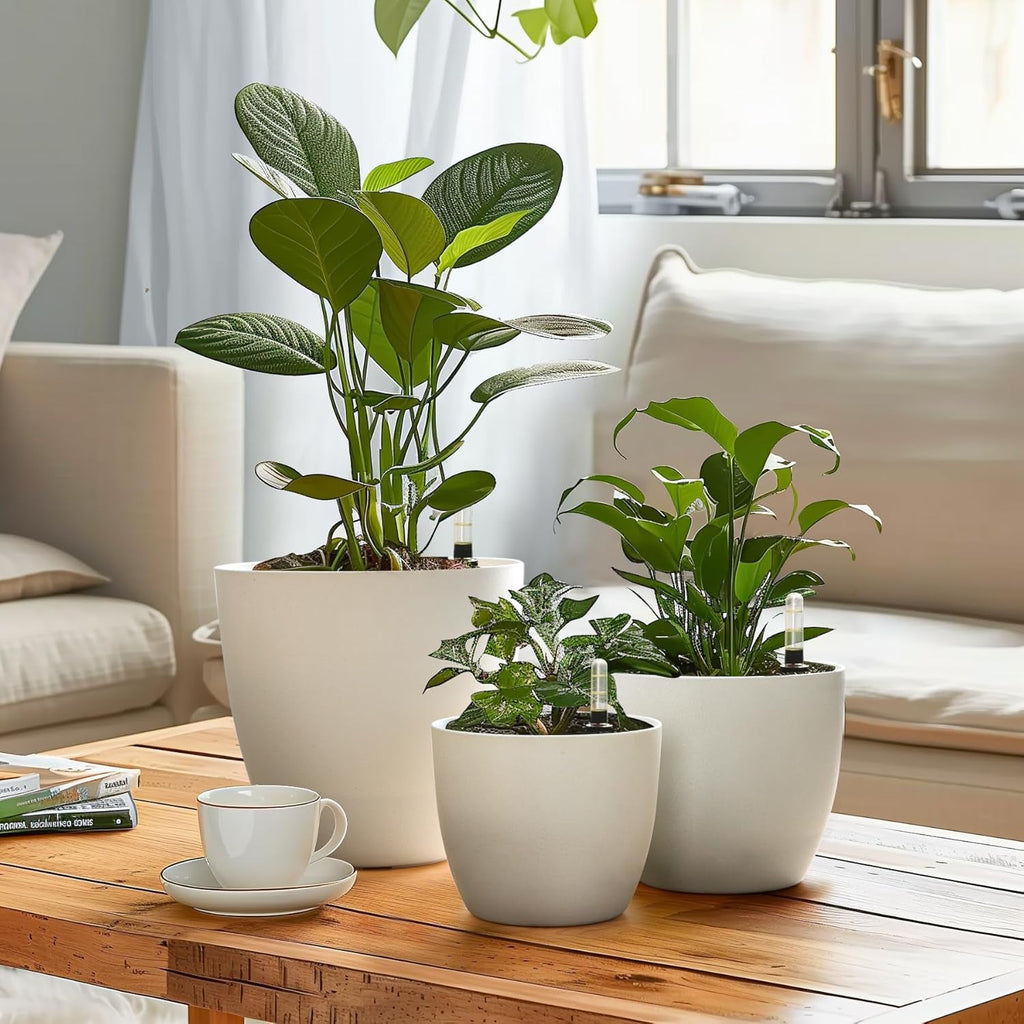 Ghiveci de flori T4U de 15 cm cu auto-udare și indicator de apă, alb, set de 4 ghivece, rezervor de apă cu auto-udare, pentru interior și exterior