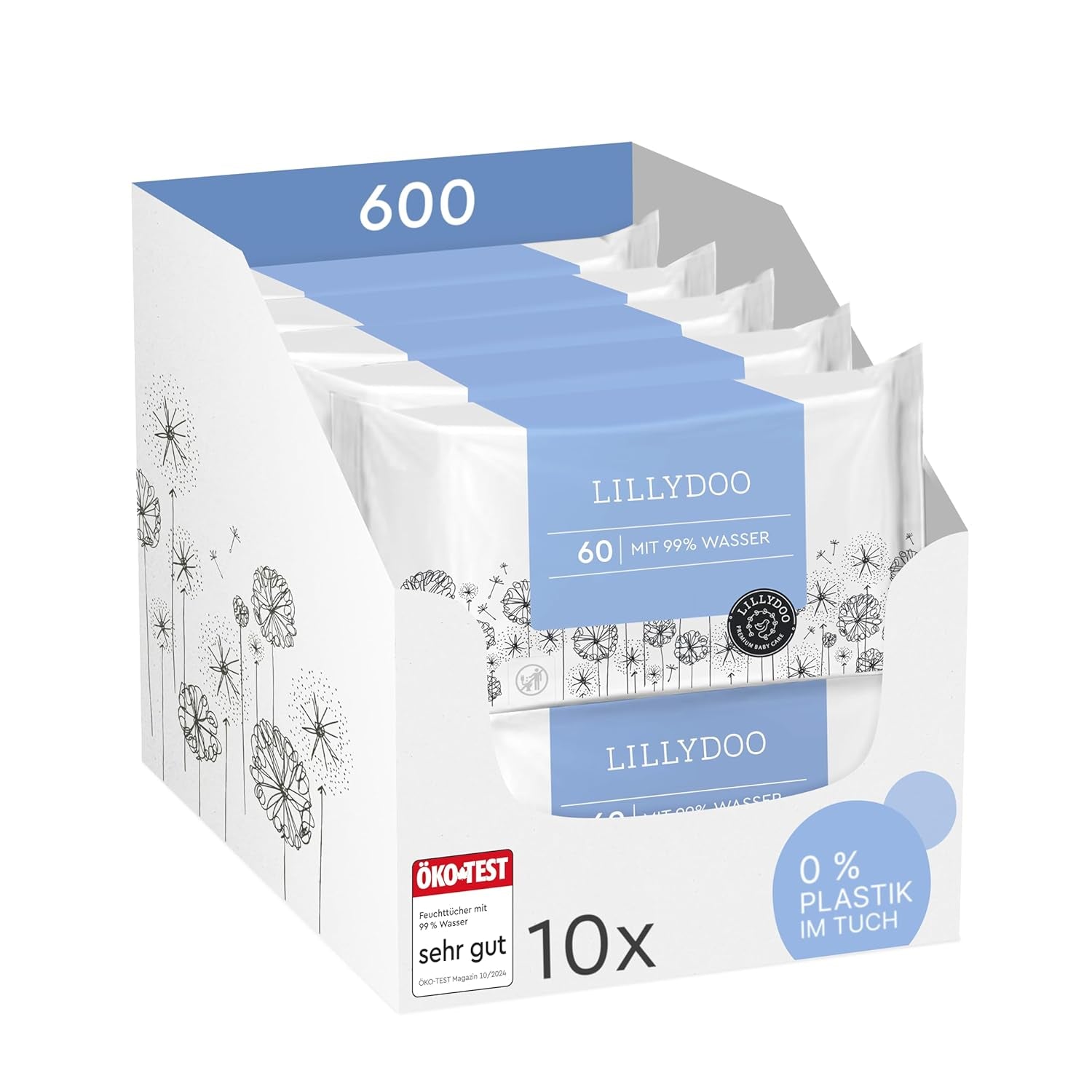 Șervețele umede LILLYDOO verzi, 600 bucăți (10 x 60), șervețel 100% fără plastic, rezistent la rupere - fără parfum, delicate și naturale, curățare delicată pentru pielea sensibilă, testate dermatologic