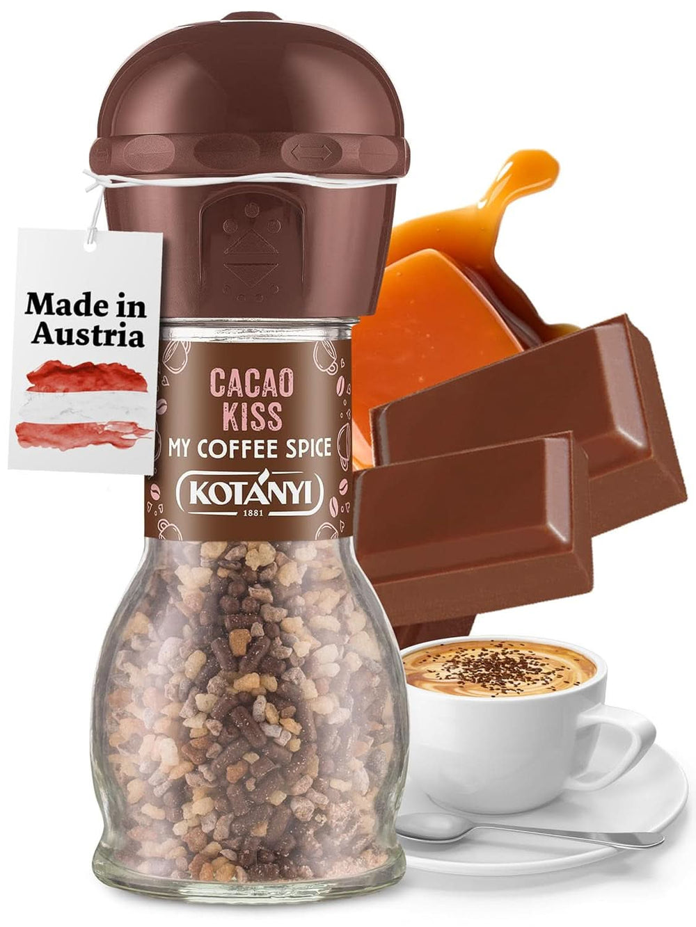 Topping für Kaffee Kotanyi Cacao Kiss | Naty Shop Cacao Kiss Fine Chocolate, feine Schokolade, 4er-Pack (4 x 63 Gramm), 1 manuelle Kakaomühle