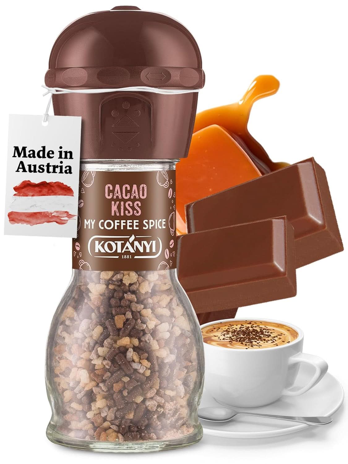 Topping für Kaffee Kotanyi Cacao Kiss | Naty Shop Cacao Kiss Fine Chocolate, feine Schokolade, 4er-Pack (4 x 63 Gramm), 1 manuelle Kakaomühle