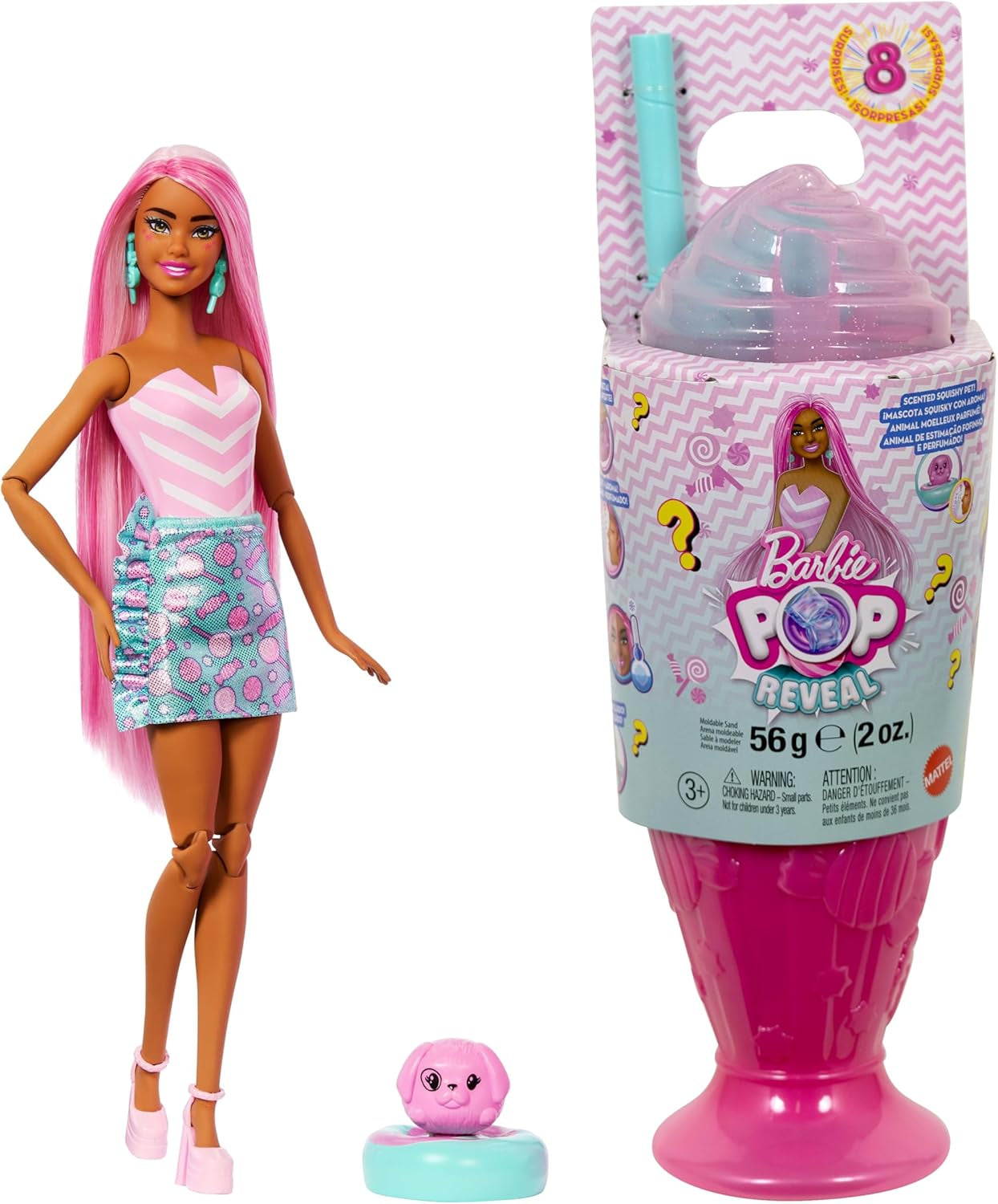 Barbie Pop Reveal Serie Set aus Modepuppe und Zubehör, Treat-Serie, Cool Cupcake Design mit Haustier, 8 Überraschungen inklusive Farbwechsel, JFY61