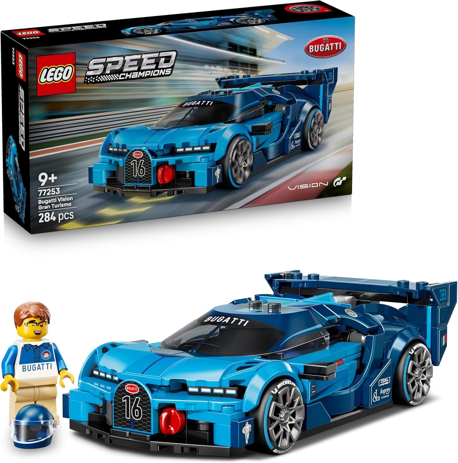 LEGO Speed Champions Bugatti Vision Gran Turismo Hypersportwagen - Modellbau mit sammelbarer Fahrer Minifigur - Gaming Geschenkidee für Jungen ab 9 Jahren und Motorsportfans - 77253