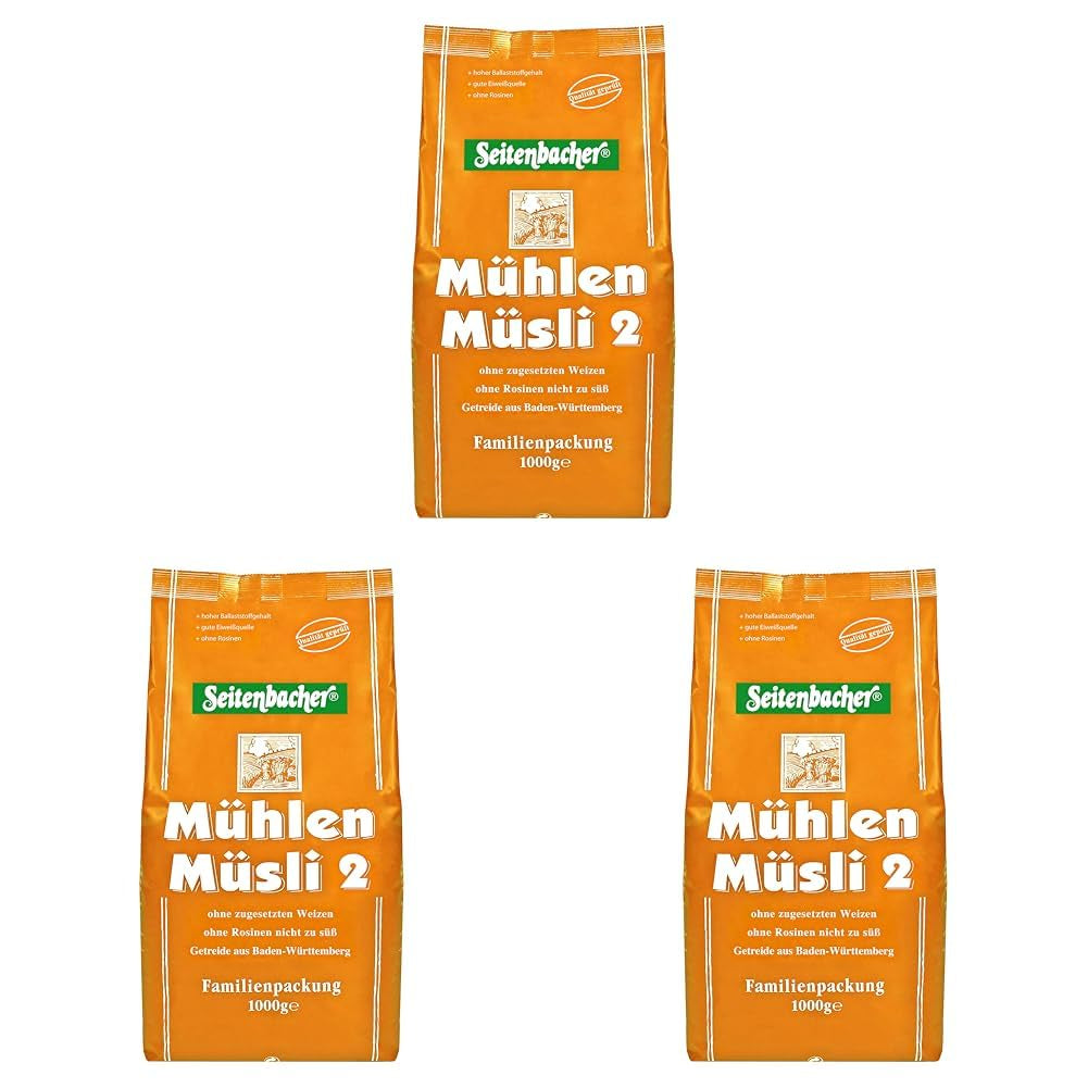 Seitenbacher Mühlen-Müsli 2 I Ohne Rosinen I Weizenfrei I Vorratspackung I (1 X 1000 G ) Cereale Naty Shop 1 Kg (3Er Pack)