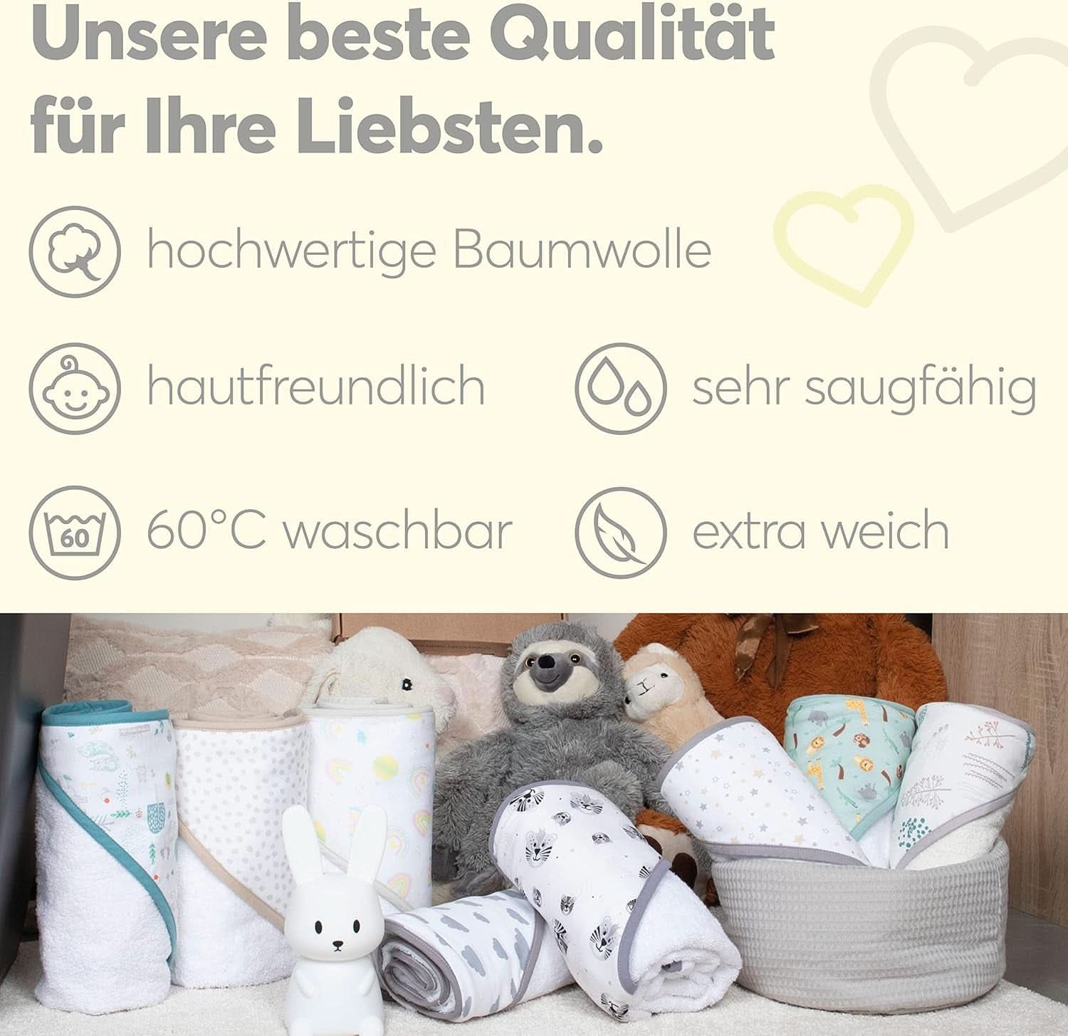 Kapuzenhandtuch für Kinder | 75X75Cm | 100 % Baumwolle | Öko-TEX 100 | Nr. 1 Anbieter für Kliniken | Unisex-Mutter-Kind-Naty-Shop