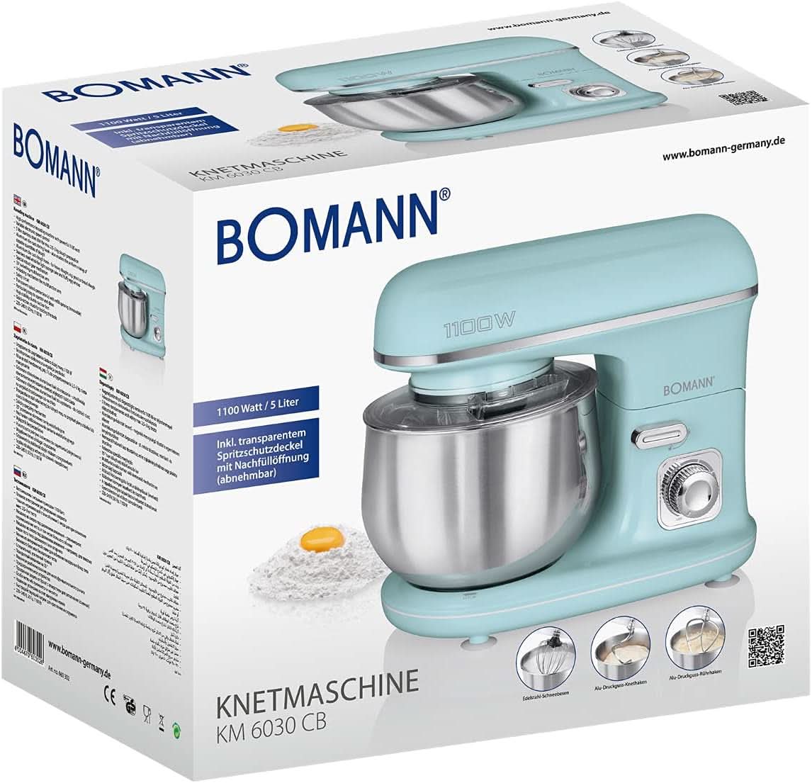 Bomann® Retro Küchenmaschine Zum Backen | Knetmaschine 5L | Stärkerer 1100-W-Motor | Teigmaschine inkl. Haken & Schneebesen | Retro Teigknetmaschine Spritzschutz Mit Nachfüllöffnung – KM 6030 CB Mint-Grün Mutter und Kind Naty Shop