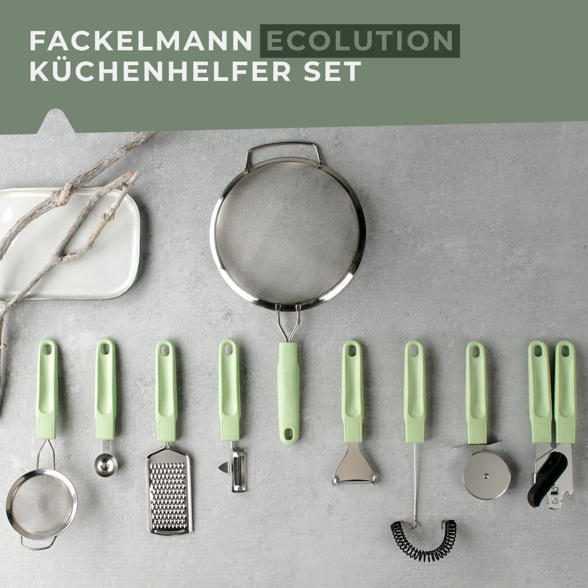 Fackelmann Ecolution Baller – Modelator de fructe și unt din fibre de lemn, bioplastic și oțel inoxidabil – Lingură pariziană de 18 x 3 cm, verde mentă