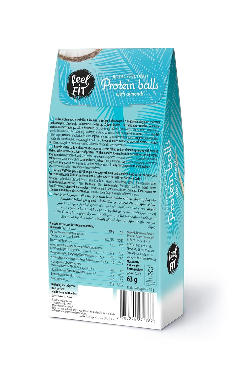 Praline de cocos fără zahăr cu migdale, feel FIT, fără zahăr adăugat, 17% proteine, 63 g