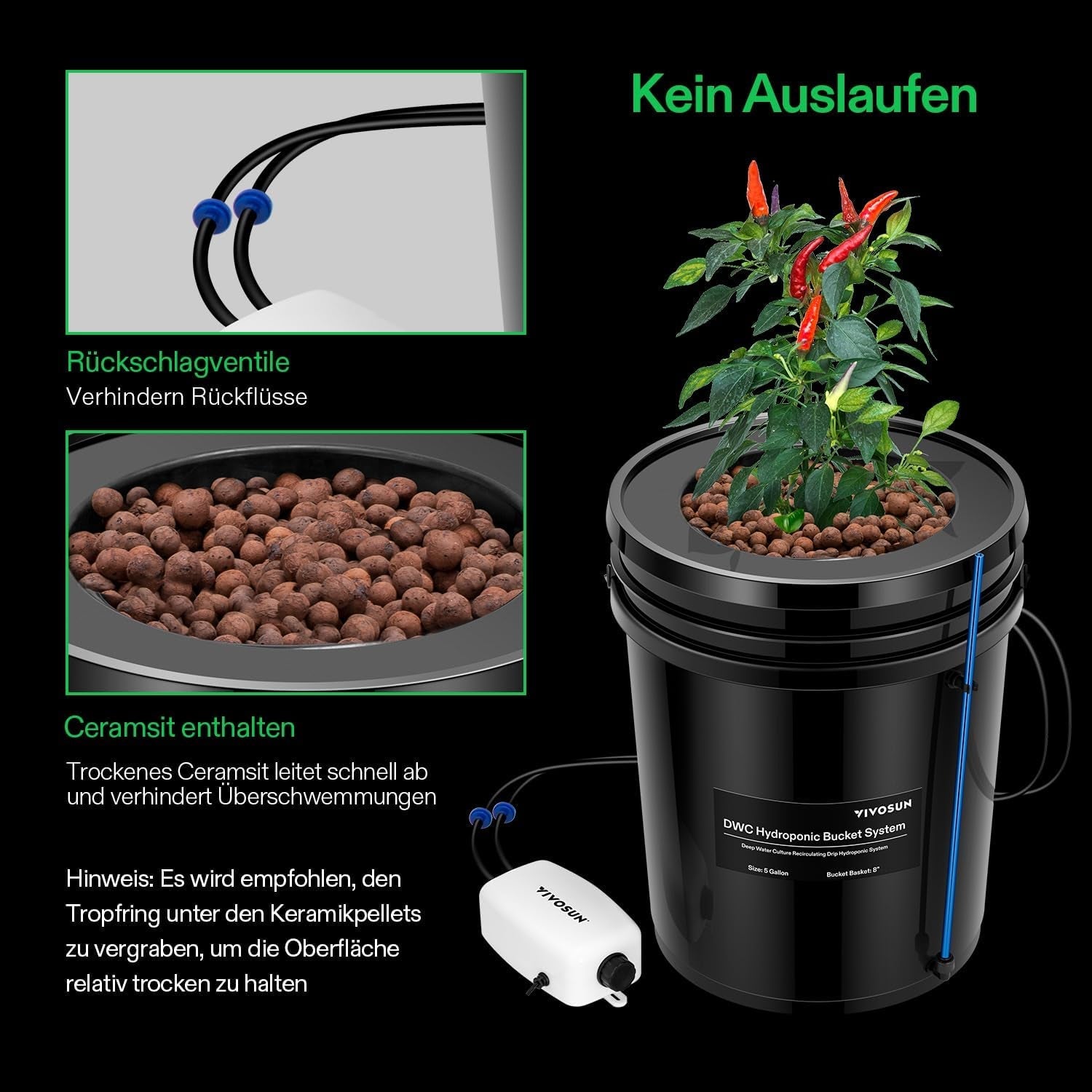 VIVOSUN DWC Hydrokultur Anbausystem mit Topf-Tropfkit, 5-Gallonen Tiefwasserkultur, Umwälz-Tropfgartensystem mit Mehrzweck-Luftschlauch, 8W Luftpumpe und Luftstein (1 Eimer + Top-Drip-Kit)