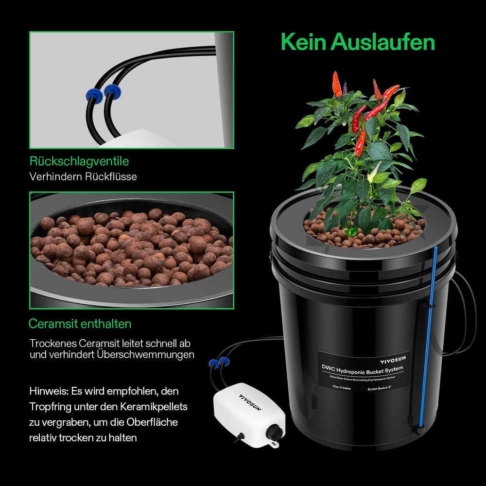 VIVOSUN DWC Hydrokultur Anbausystem mit Topf-Tropfkit, 5-Gallonen Tiefwasserkultur, Umwälz-Tropfgartensystem mit Mehrzweck-Luftschlauch, 8W Luftpumpe und Luftstein (1 Eimer + Top-Drip-Kit)