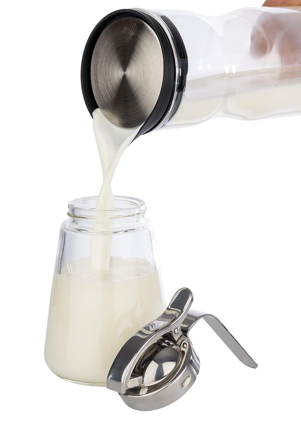 APS 765 Cană universală, cană de turnat din sticlă cu capac filetat din oțel inoxidabil, cană de turnat pentru miere, frișcă de cafea sau alte lichide, 8,5 x 12 cm, 13 cm înălțime