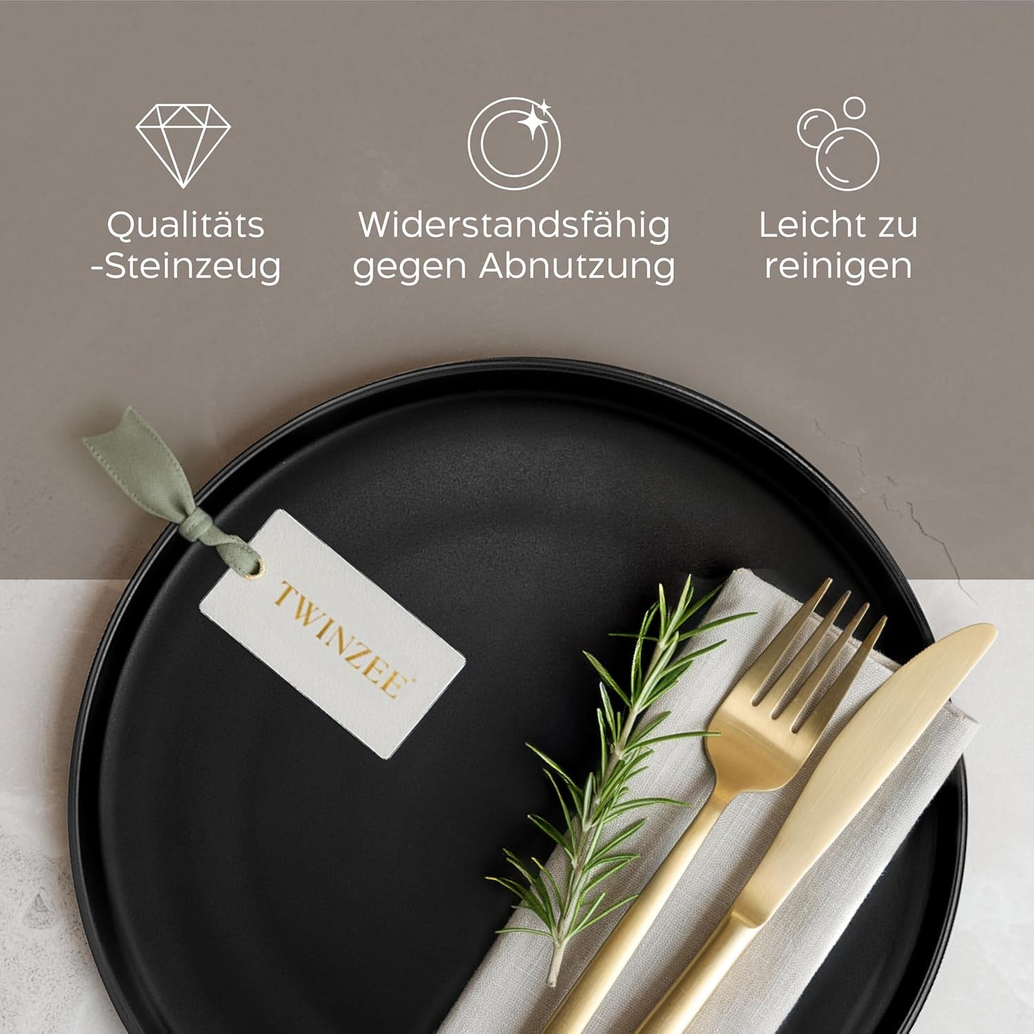 Set de farfurii din gresie pentru 6 persoane - set de 6 piese negru mat, farfurii mari, potrivite pentru cuptorul cu microunde, design elegant - Colecția Twinzee Ebony