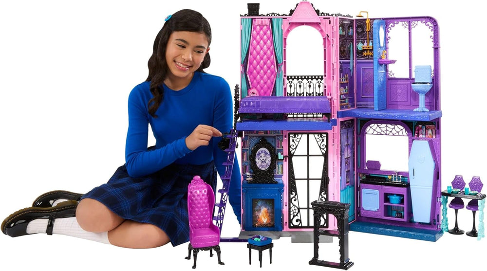Casă de păpuși Monster High Buh-tique Hotel, set de joacă pliabil cu surprize înfricoșătoare în fiecare cameră și peste 13 piese de joacă, inclusiv mobilier și accesorii, JBF16