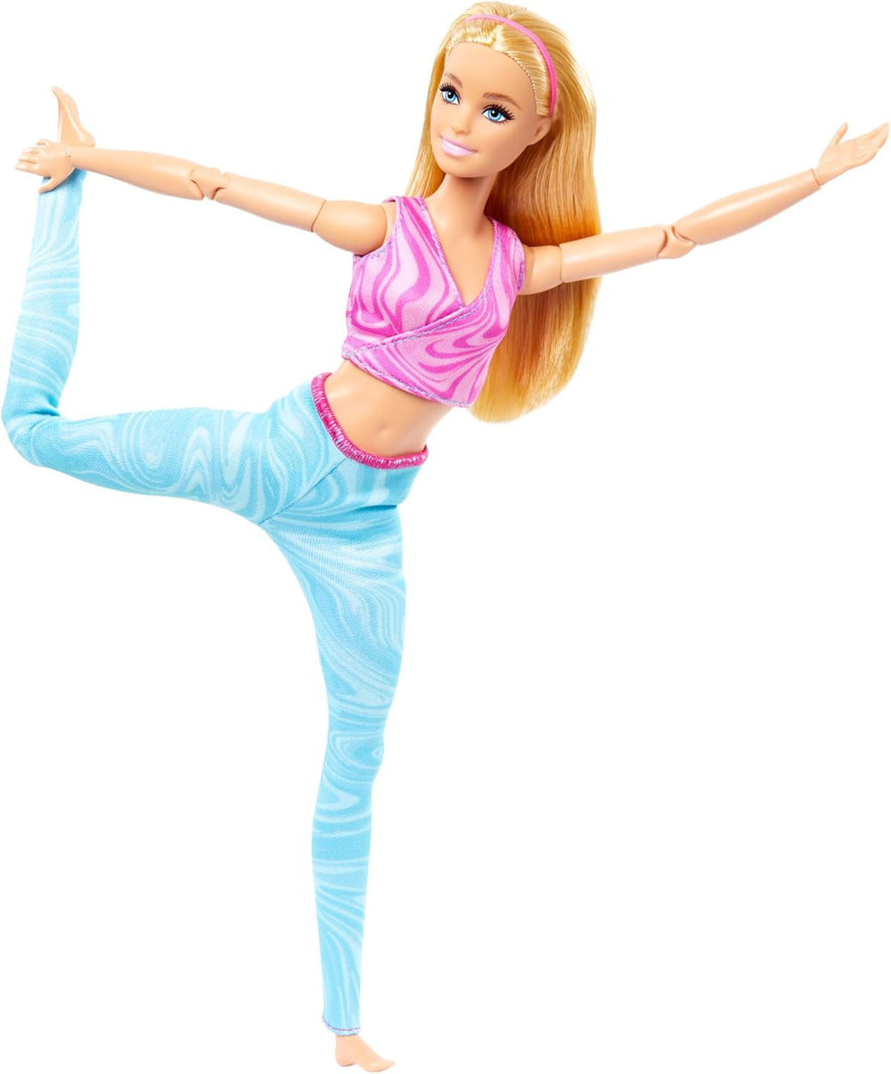 Barbie Made-to-Move-Modepuppe mit blondem Haar, abnehmbarem pinkfarbenen Sportoberteil und Blauer Yogahose, 22 bewegliche Gelenke, HRH27