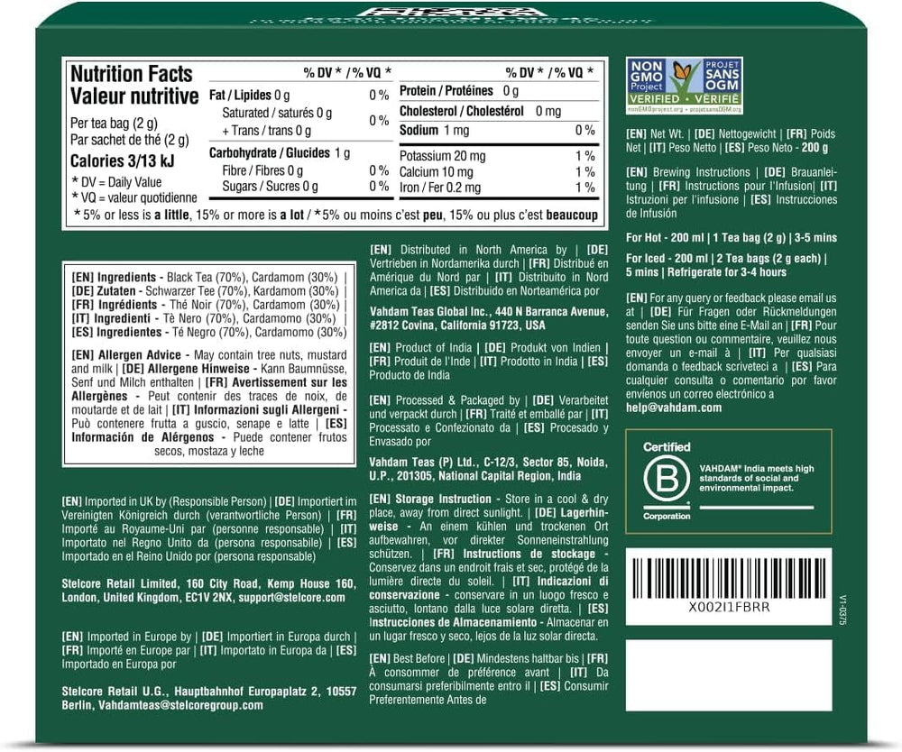 VAHDAM Ceai Chai Masala cu cardamom | 100 pliculețe piramidale | Ceai negru indian cu cardamom măcinat | Amestec original Chai cu cardamom din India | 100% natural