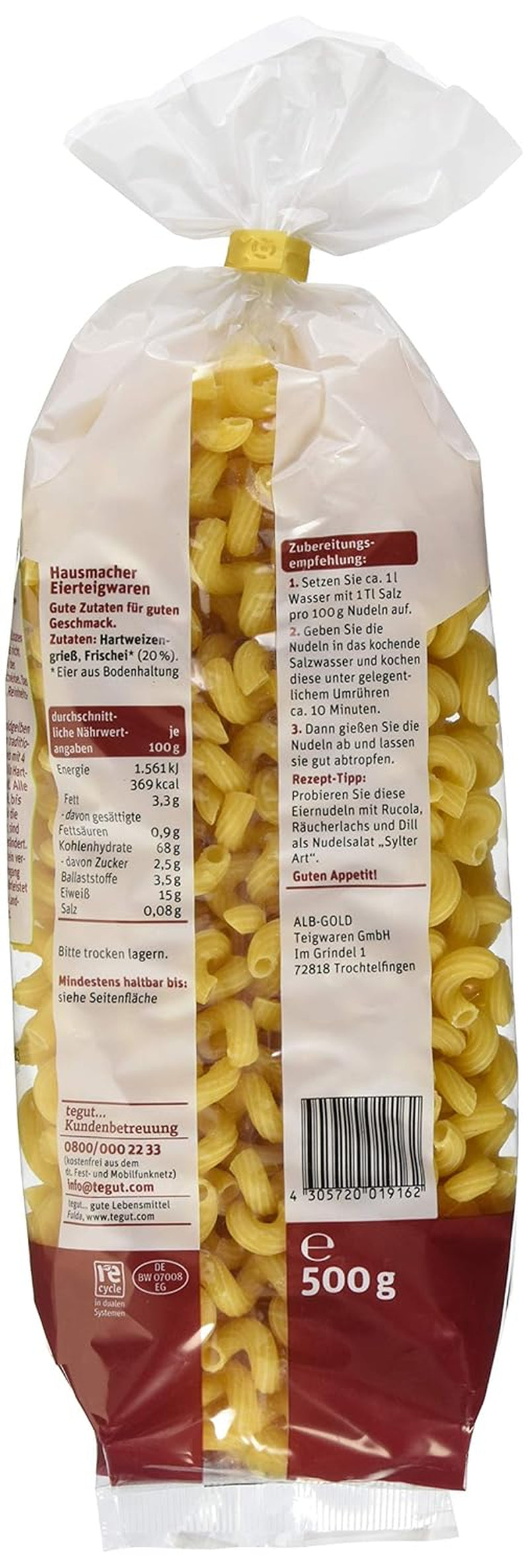 tegut... Nudeln mit Ei, Korkenzieher, 1 x 500 g