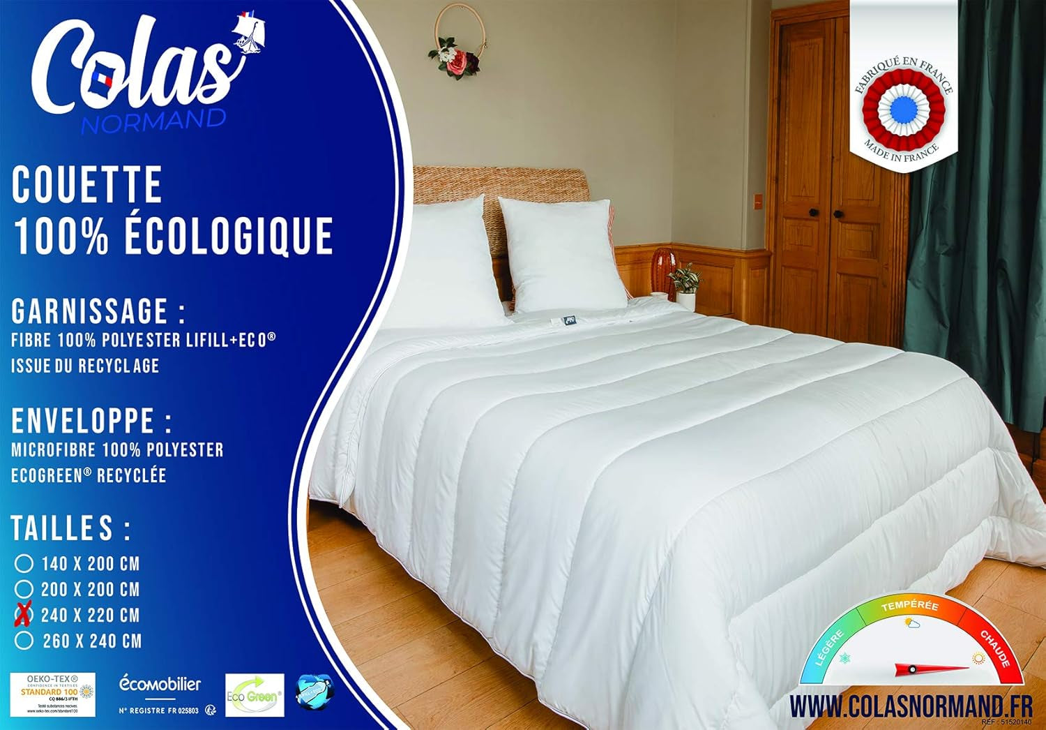 COLAS NORMAND – Umweltfreundliche Steppdecke – warm – 240 x 220 cm – Umschlag und Füllung aus recycelten Flaschen – weich, seidig und bequem – sorgfältige Herstellung. Steppdecken und Steppdecken Naty Shop