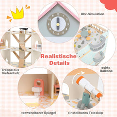 Casă de păpuși din lemn FANTASK, casă de păpuși 94 cm înălțime cu 41 de piese de mobilier și accesorii, vilă de păpuși cu 6 camere, terasă și garaj, cadou pentru fete de la 3 ani Casute de papusi Naty Shop