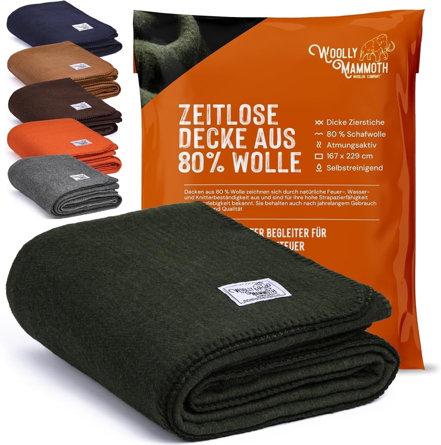 Woolly Mammoth Woolen Co. Campingdecke, extra groß, Merinowolle, die perfekte Outdoor-Ausrüstung für Bushcraft, Camping, Trekking, Wandern, Überleben oder Hüttendecke. Braun, 168 x 228 Woolly Mammoth Woollen Company Betten und Decken Olivgrün 66" x 90"