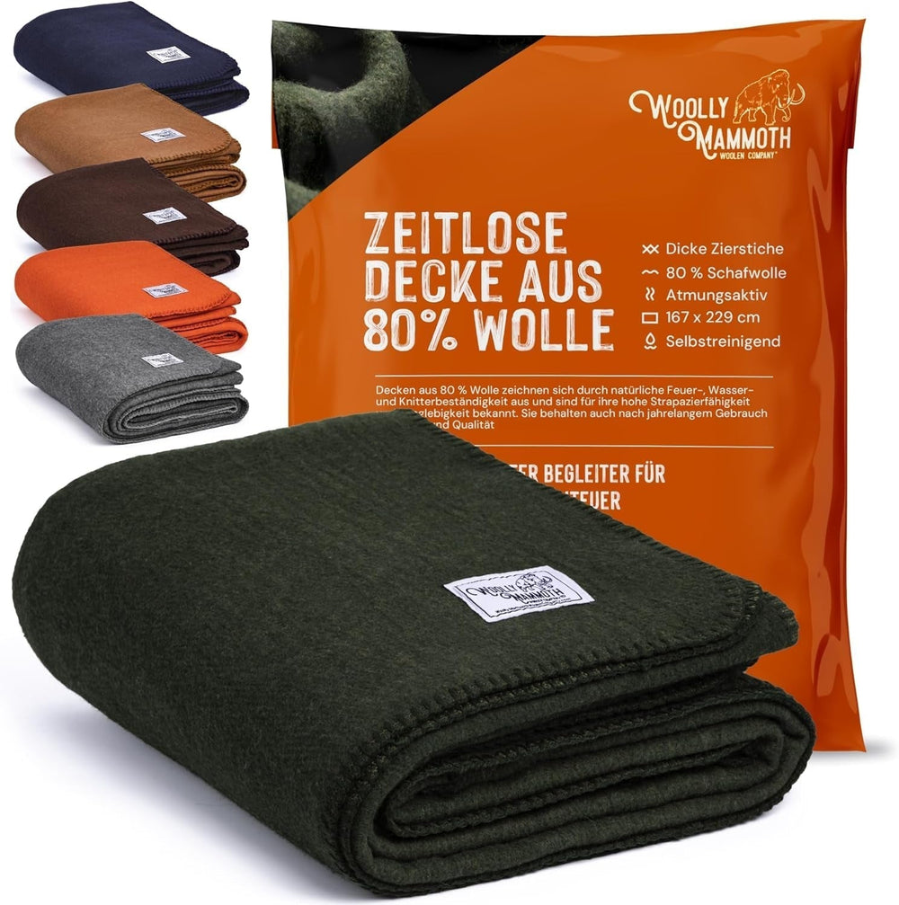 Woolly Mammoth Woolen Co. Campingdecke, extra groß, Merinowolle, die perfekte Outdoor-Ausrüstung für Bushcraft, Camping, Trekking, Wandern, Überleben oder Hüttendecke. Braun, 168 x 228 Woolly Mammoth Woollen Company Betten und Decken Olivgrün 66" x 90"