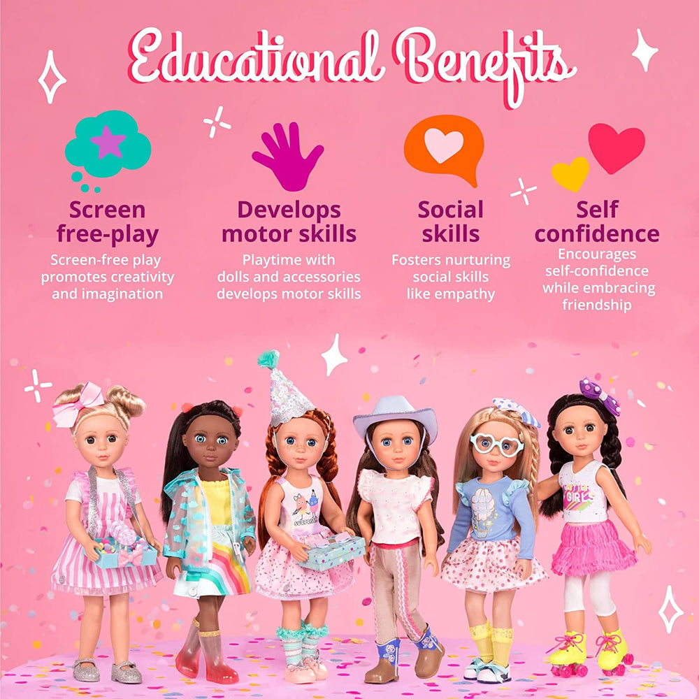 Glitter Girls - GG Surprise Birthday Party Set & Sashka - Bewegliche 36cm Puppe Sashka - Überraschungs-Geburtstagsparty-Set - Tisch & Stühle Möbel - 3 Jahre +