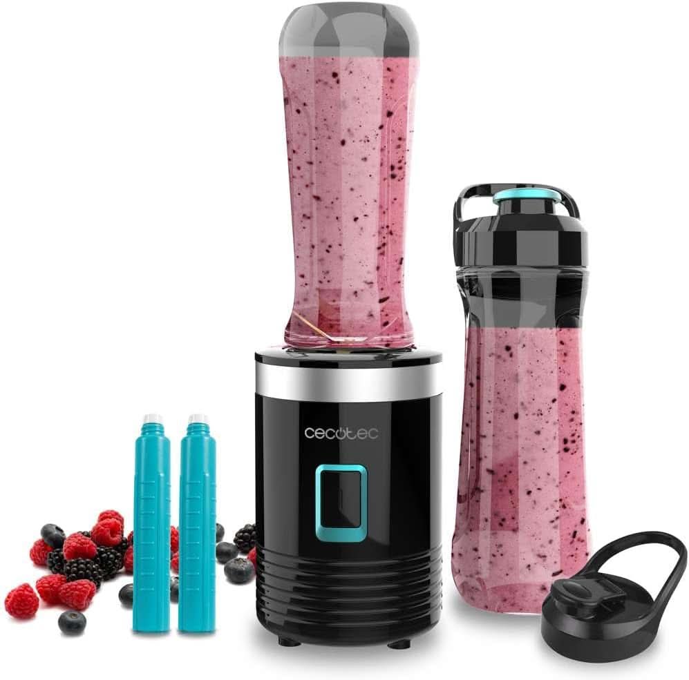 Cecotec Tragbarer Einzelstandmixer Power Titanium 300 Easygo. 350W, Zerkleinert Eis, 4 Klingen Mit Schwarzer Titanbeschichtung, Inklusive 2 Kühlröhren, 2 Tragbaren Bechern Und 2 Deckeln Mother and Child Naty Shop Schwarz 500 W | 2 Flaschen