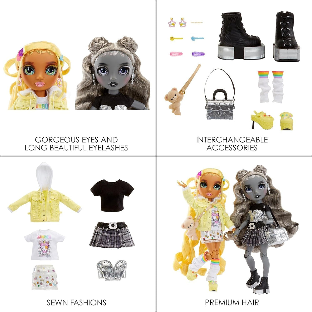 Ediție Specială Rainbow High Shadow High - Gemenele Madison Sunny și Luna - 2 păpuși la modă cu ținute galbene și gri de designer, mix & match, cu accesorii - Pentru colecționari și copii cu vârsta cuprinsă între 4 și 12 ani