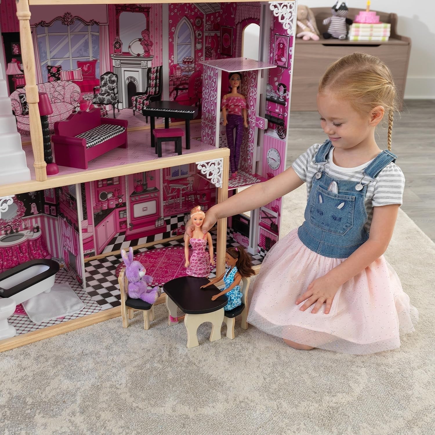 Kidkraft Amelia Puppenhaus aus Holz mit Möbeln und Zubehör, Spielset mit Balkon und Aufzug für 30-cm-Puppen, Spielzeug für 3-Jährige, 65093 Naty Shop Puppenhäuser